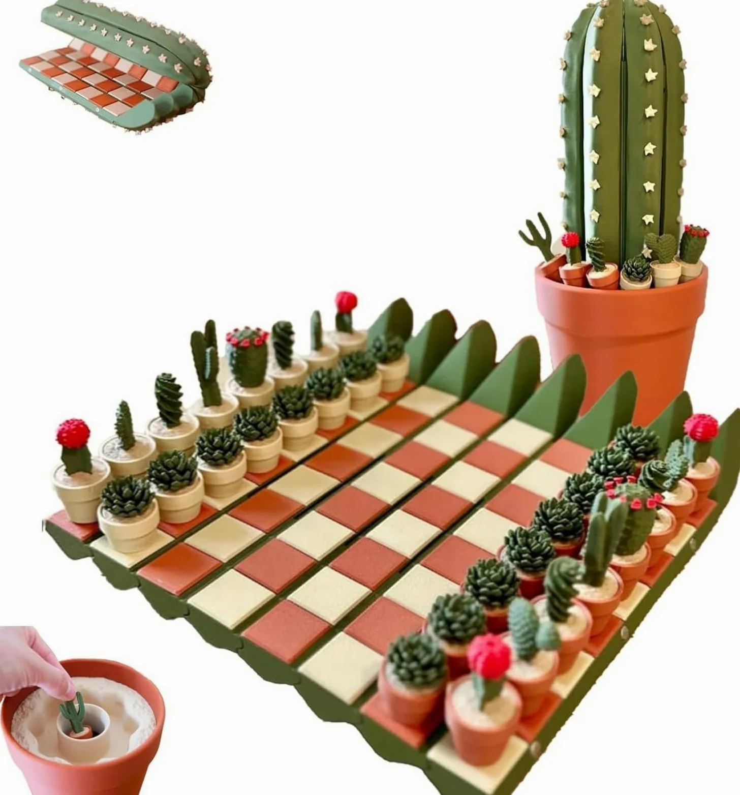Set di scacchi a forma di cactus, scacchiera con monete a tema cactus, set di scacchi magnetici portatili, scacchi portatili stampati in 3D