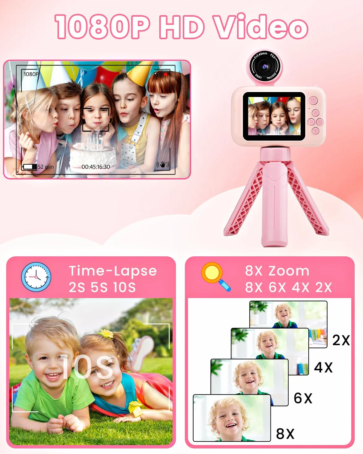 Fotocamera Bambini 1080P Digitale Unicorno Treppiede Display IPS 2.4" Obiettivo Rotante 180° 32GB Regalo Natale Compleanno