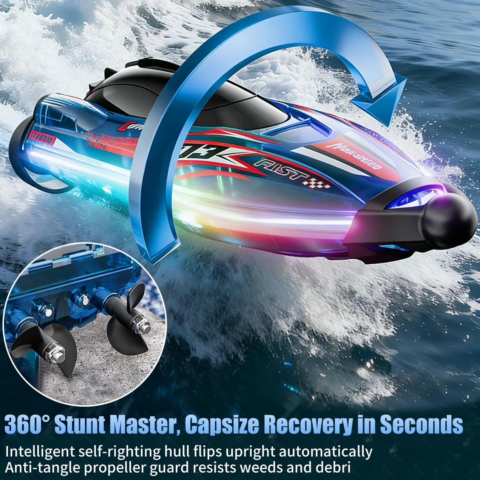 Telecomandate Senza Spazzole Barca, 2,4GHz RC Barca con Cool Luci LED | Boat ad Alta Velocità, Batterie Modulari, Impermeabile e Antiinclinazione, Giocattolo Acquatico per 6+ Ragazzi e Ragazze
