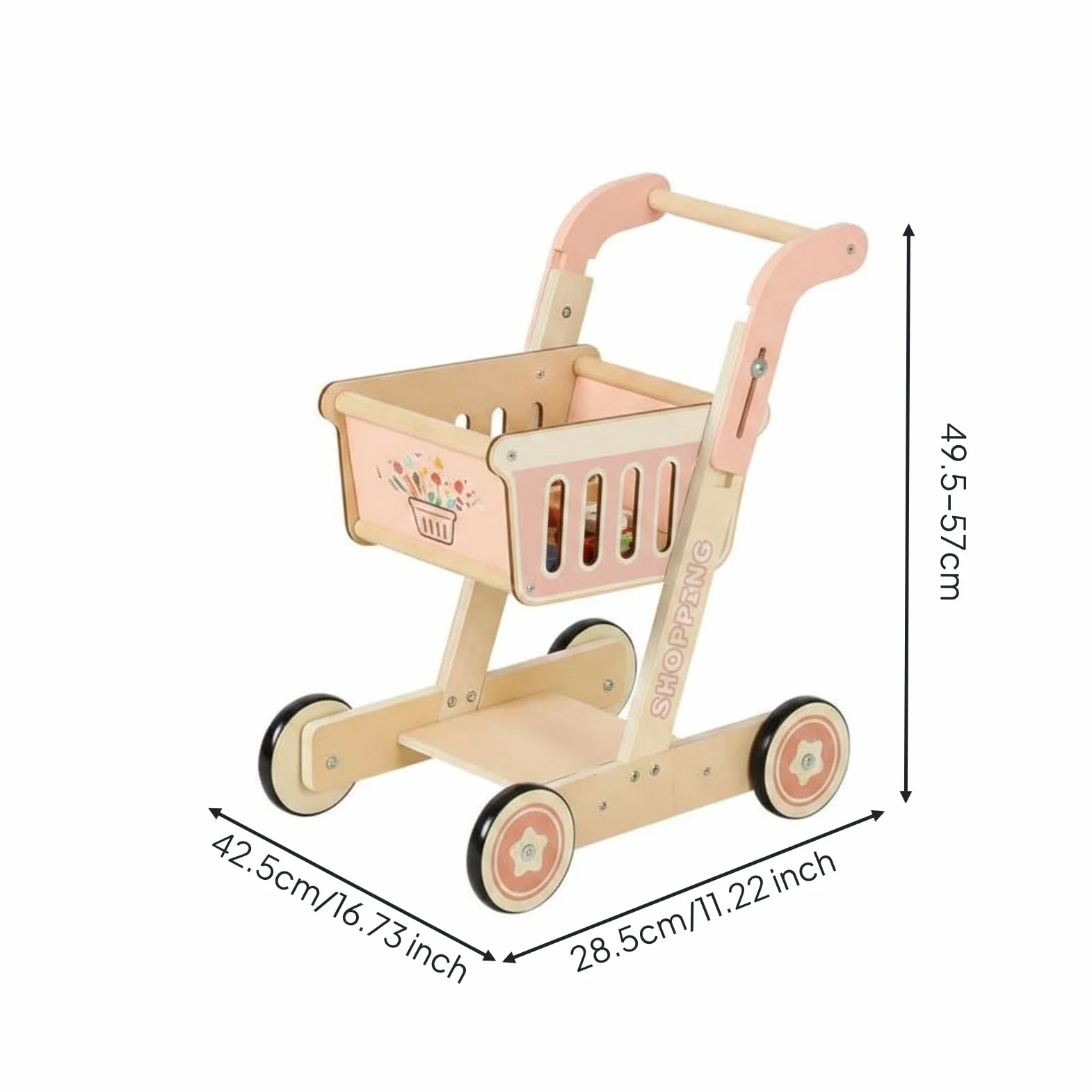 Milageto Carrello della Spesa Giocattolo in Legno per Bambini con Struttura Classica Ruote Lisce Maniglia Solida Comparto Aperto Set di Alimenti in Legno, Carrello della Spesa Rosa