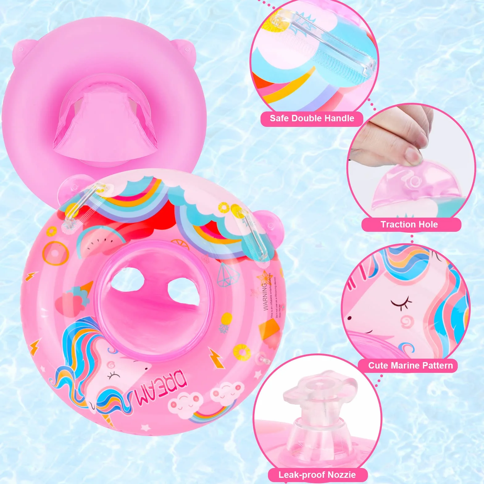 Anello di Nuoto del Fumetto,Unicorno Salvagente Neonato Galleggiante Gonfiabile del Bambino Dell'anello di Nuoto del Baby Float Salvagente con Seggiolino and Gonfiatore Bambini Piscina Giocattolo,Rosa