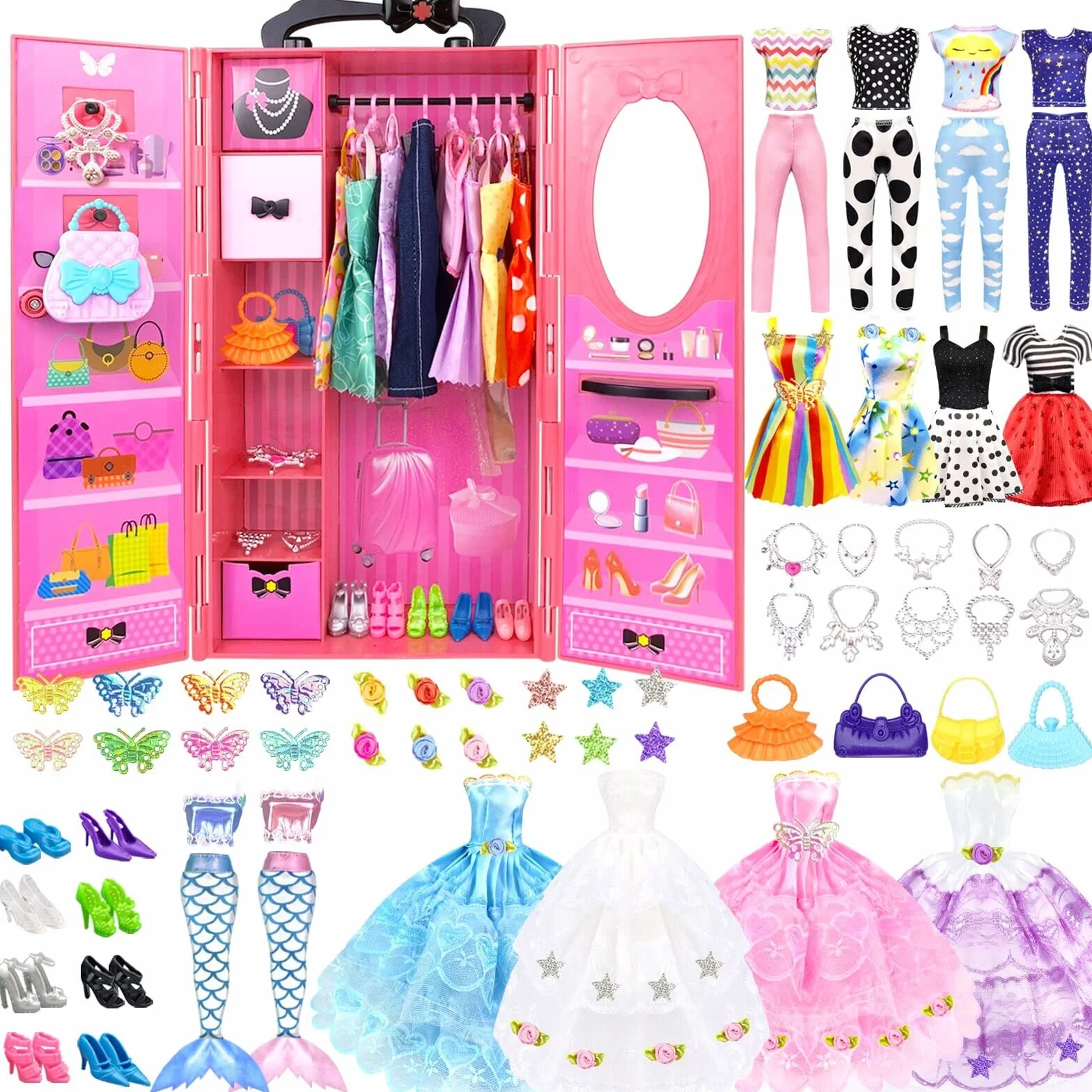 84 Vestiti e Accessori per Bambole con Armadio per bambole da 11,5 pollici Playset di design di moda bambola ragazza vestire tra cui abito da sposa abiti top e pantaloni scarpe grucce borse collane