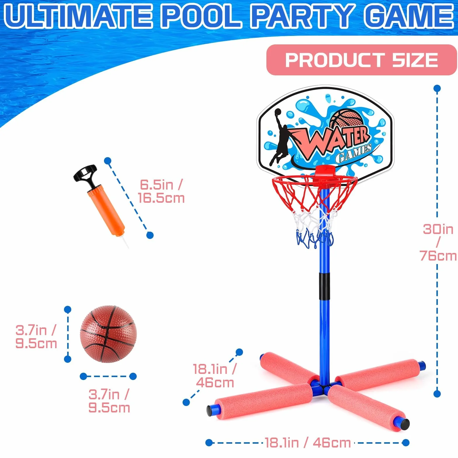 deAO Canestro da Basket Galleggiante per Piscina – Gioco d’Acqua Estivo per Bambini, Set con Palla e Pompa – Utilizzabile Anche Fuori dall’Acqua