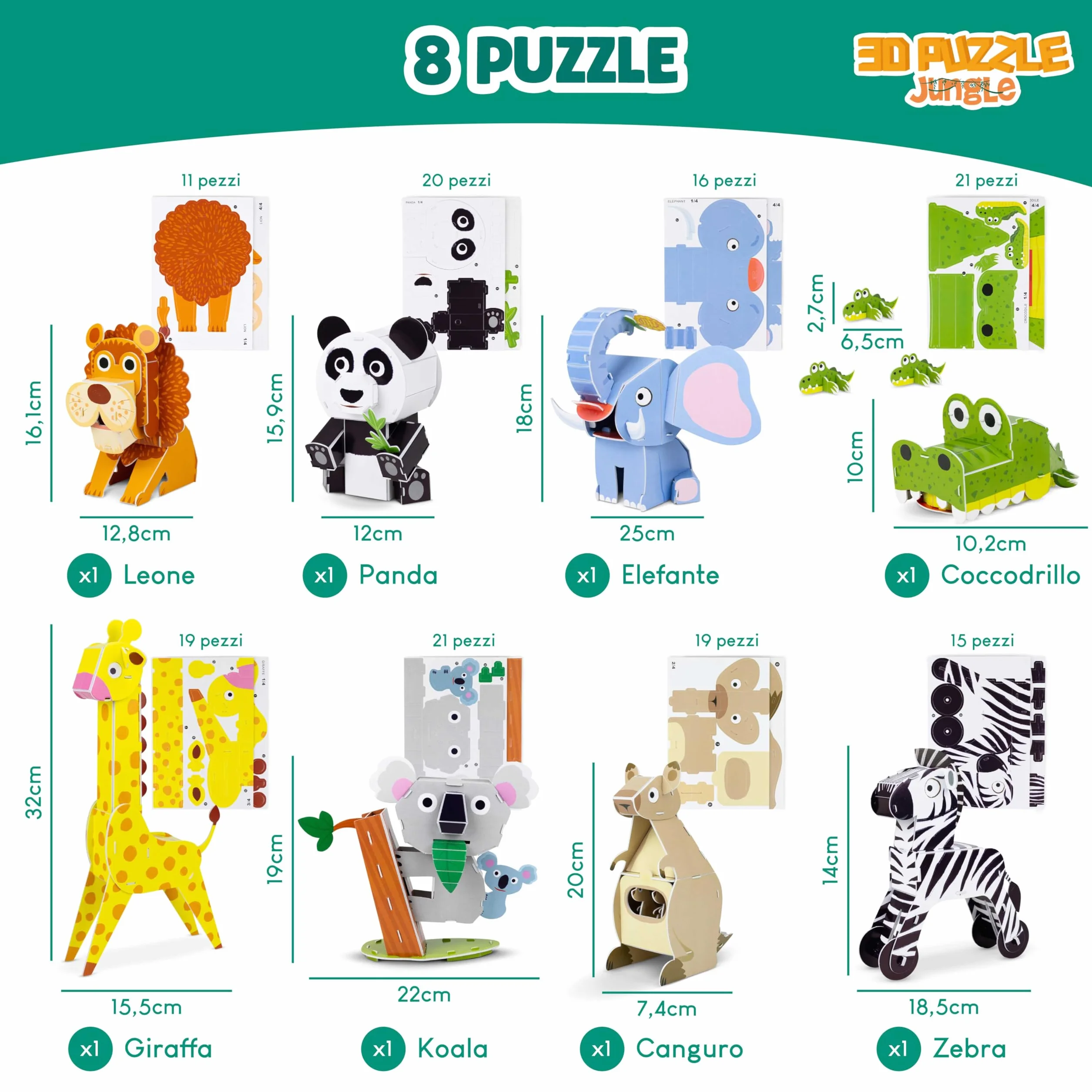 BONNYCO Puzzle 3D Bambini Animali della Giungla Pack 8. Giochi Bambini Educativi Giocattoli, 3D Puzzle Bambino e Bambina. Regalo Bambino 6 7 8 9 10 Anni, Regali Giochi Creativi Compleanno Natale
