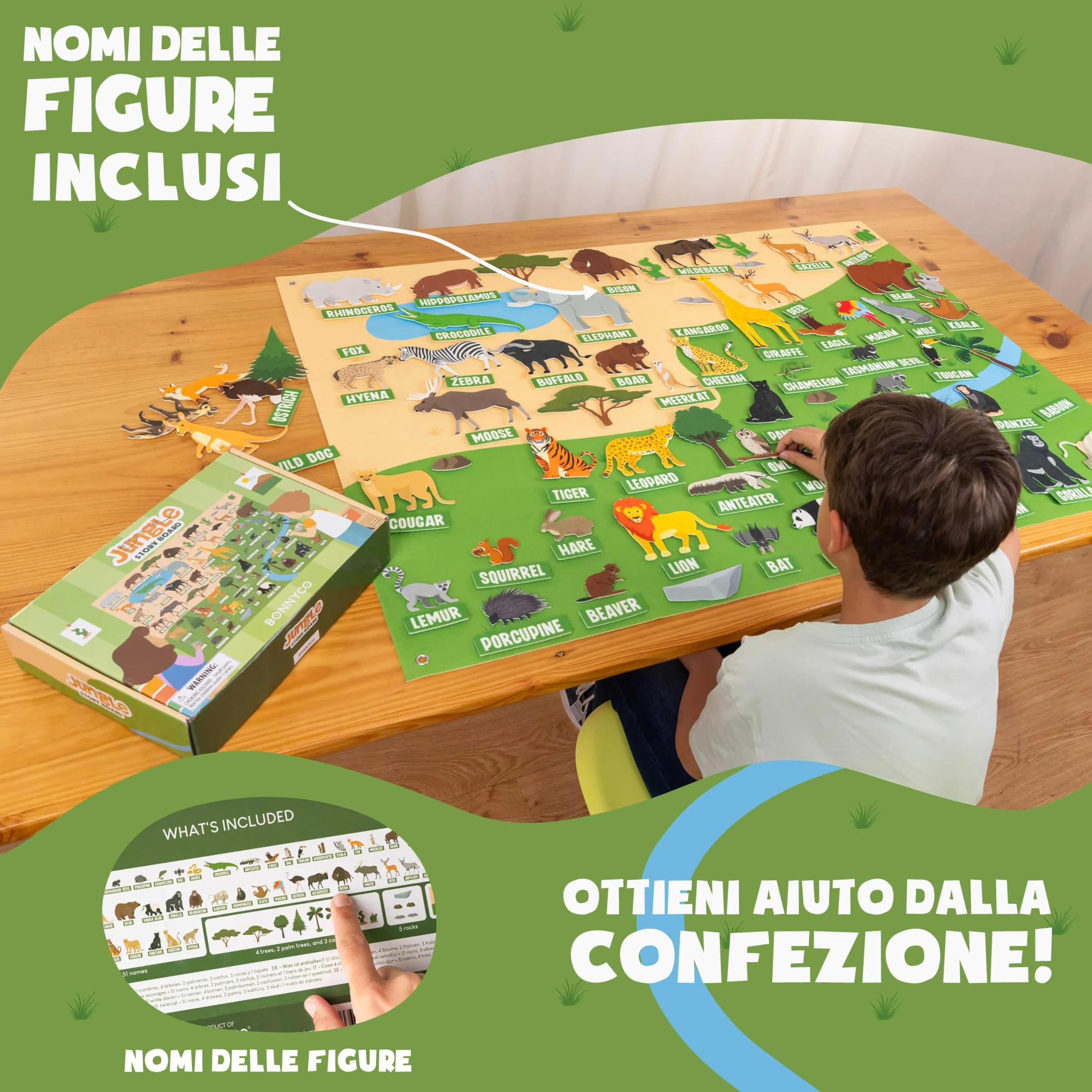 BONNYCO Lavagna di Feltro con 116 Figure di Animali della Giungla. Giochi Montessori e Regalo Compleanno Bambini dai 3-8 Anni. Pannello Sensoriale per Autismo, Giocattoli Educativi