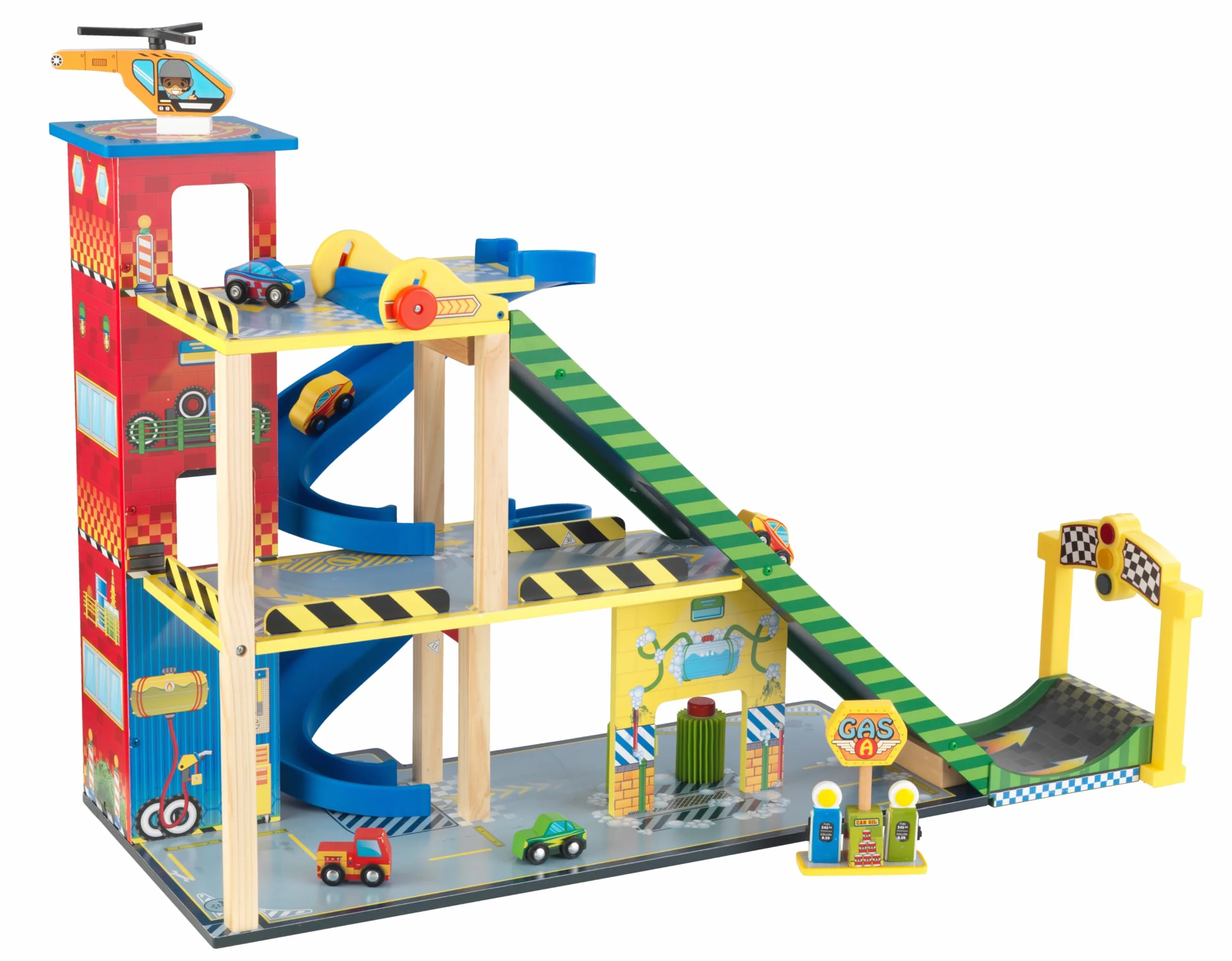 KidKraft Mega Ramp Garage in Legno, Piste Macchinine per Bambini, Giochi in Legno, Parcheggio Macchinine con Elicottero Giocattolo e 5 Macchine, Autolavaggio Giocattolo, 63267