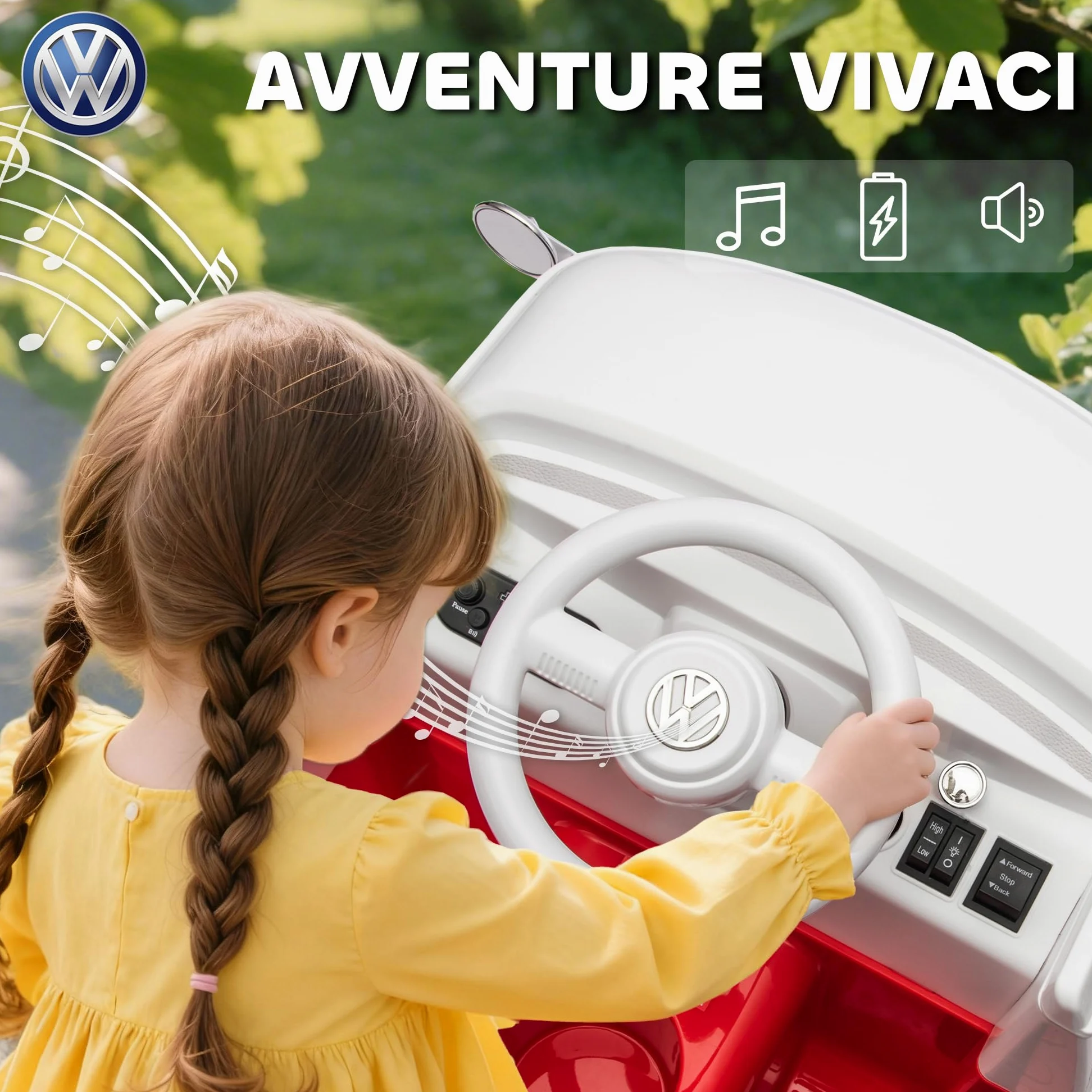 AIYAPLAY Macchina Elettrica per Bambini 3-7 Anni Volkswagen T1, 12V, Rosso | 3-8km/h, Auto Elettrica per Bambini con 2 Motori, Sospensioni, Partenza Lento, Musica, Fari e Clacson