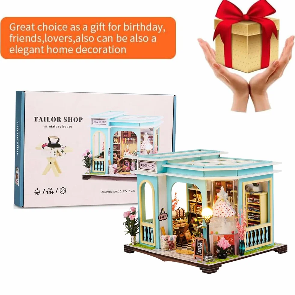 Accessori per casa delle bambole in legno, kit fai da te in miniatura per adulti, kit creativo per sartoria piccola casa con mobili e luci a LED, regalo di compleanno da donna