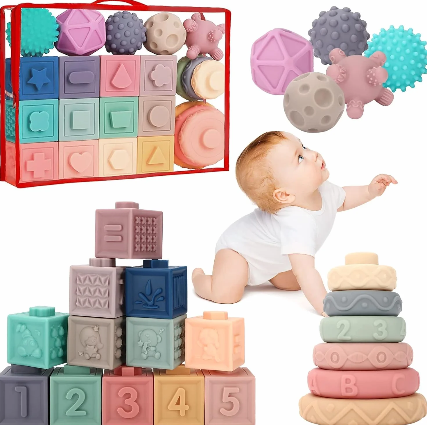 Giochi Neonato 6 Mesi, Giochi Montessori 1 Anno Sensoriale, Teether Giocattoli sensoriali Montessori educativi morbidi da impilare, Regali per Bambini da 6 9 12 Mesi