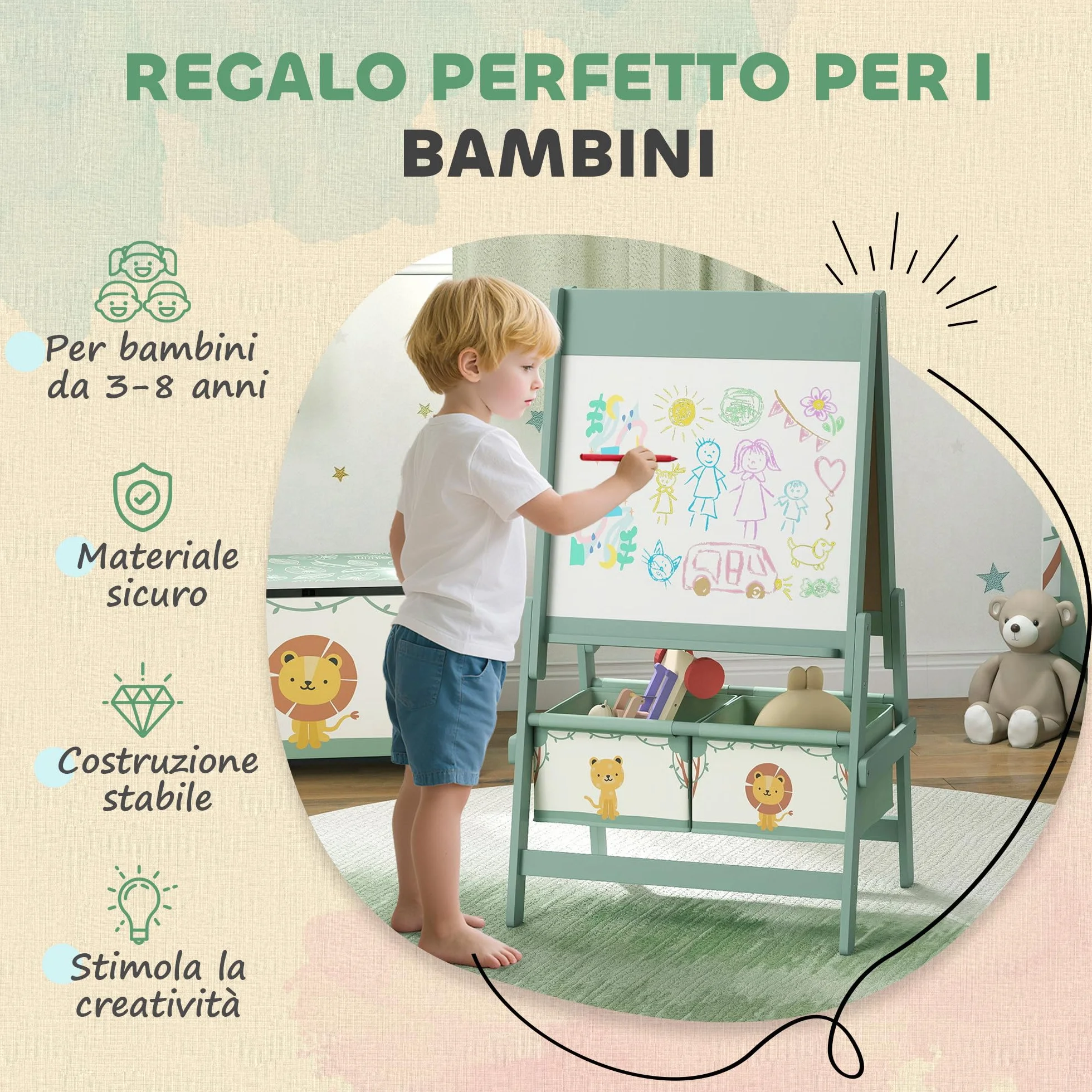 AIYAPLAY Lavagna per Bambini 3 in 1 con Rotolo di Carta e Cestelli Portaoggetti, Cavalletto in Legno di Pino e MDF, 54x46x94 cm, Verde