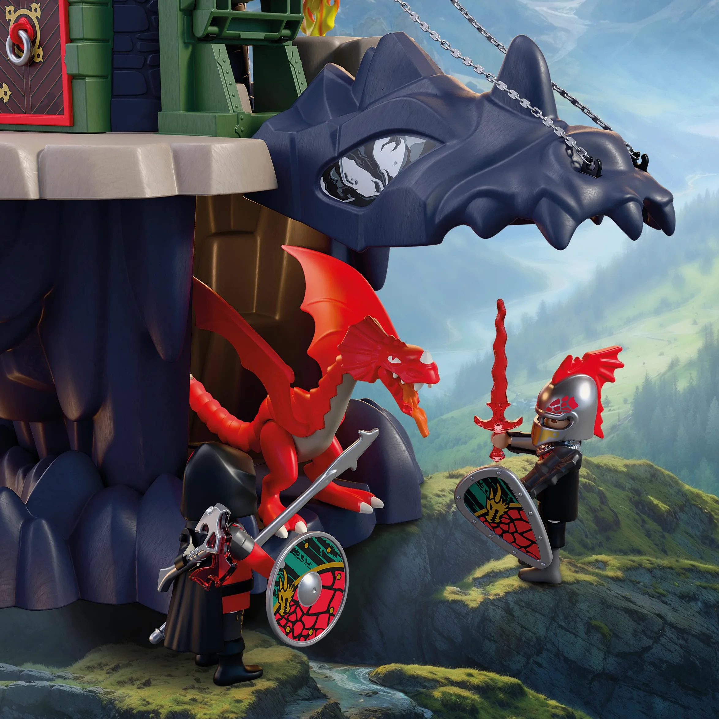 PLAYMOBIL | Cavalieri | Torre del Cavaliere del Drago | Torre con drago, ponte levatoio e grotta a forma di testa di drago | Giocattolo castello per bambini dai 4 anni in su | 72113