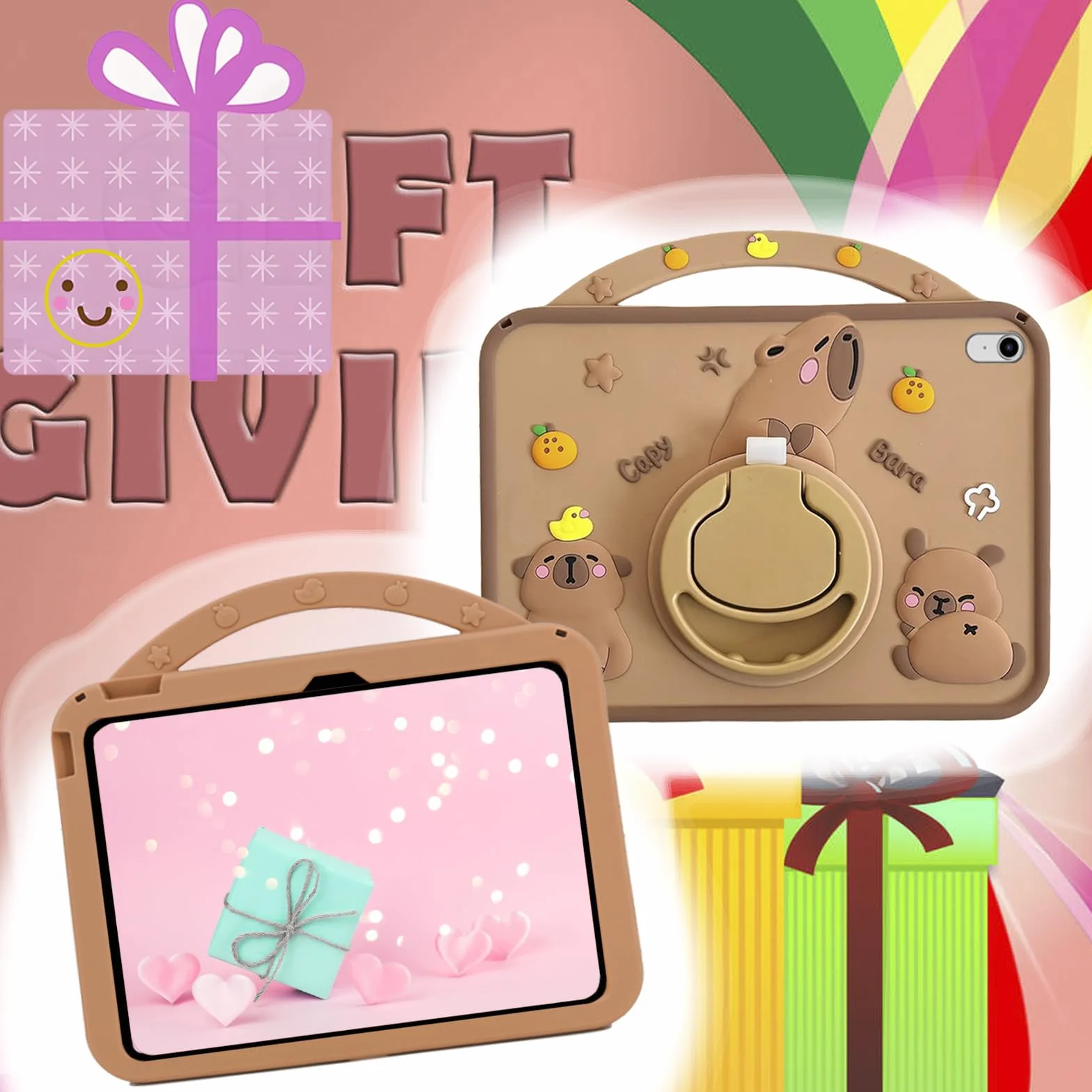 Custodia Bambini Compatibile con iPad (A16) 11a/10a Generazione (2025/2022), Antiurto Silicone Capybara Cover con Portapenna, Supporto per Maniglia, Tracolla