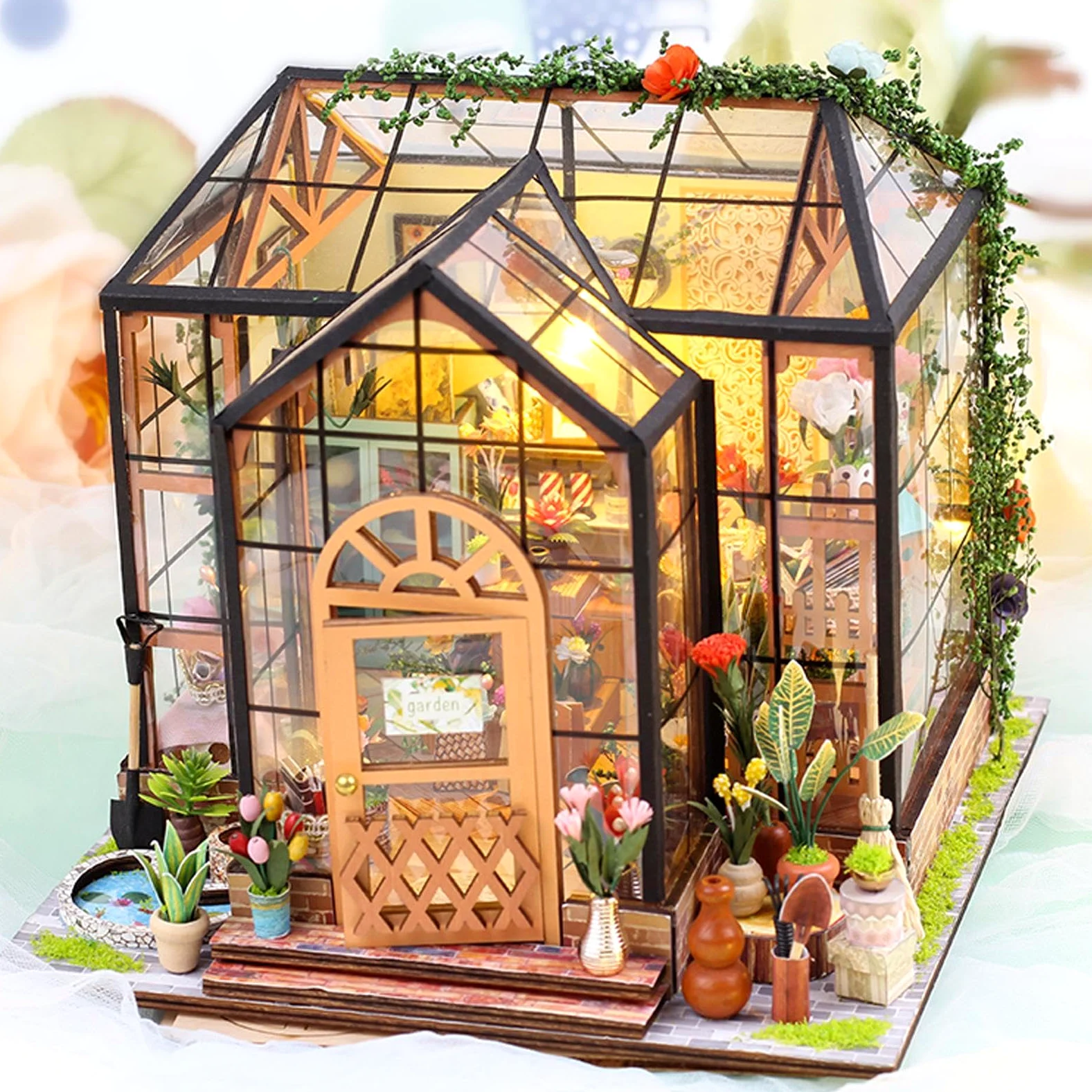 Kit Casa in Miniatura Artigianale 3D Serra in Legno Puzzle DIY | Kit Costruzione Serra con Mobili, Utensili e Colla Per Adulti, Progetti Decorazione Casa, Natale, Compleanno