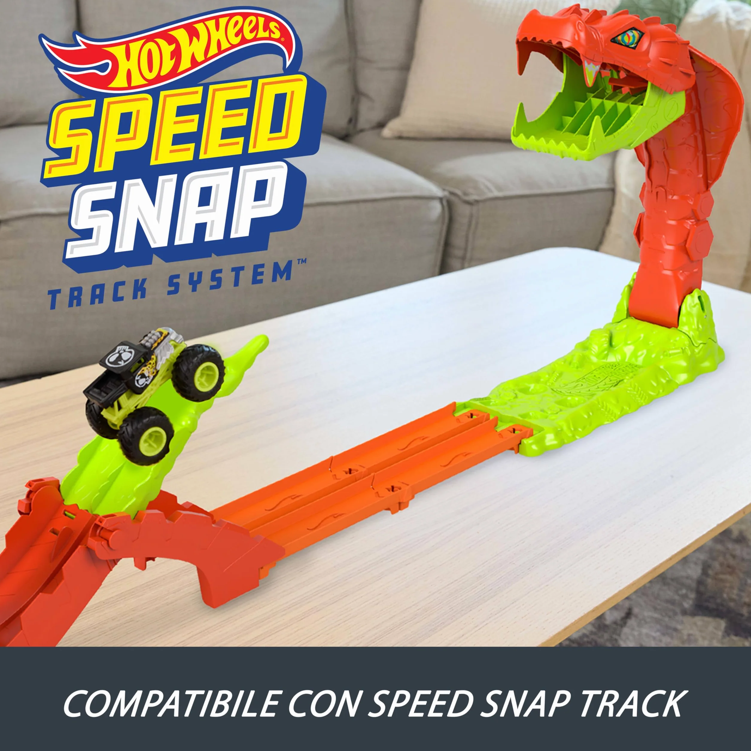Hot Wheels Monster Trucks - Attacco del Serpente, set pista con lanciatore e veicolo Bone Shaker in scala 1:64 incluso, sconfiggi il gigantesco seprente nemico, 4+ anni, JJN44