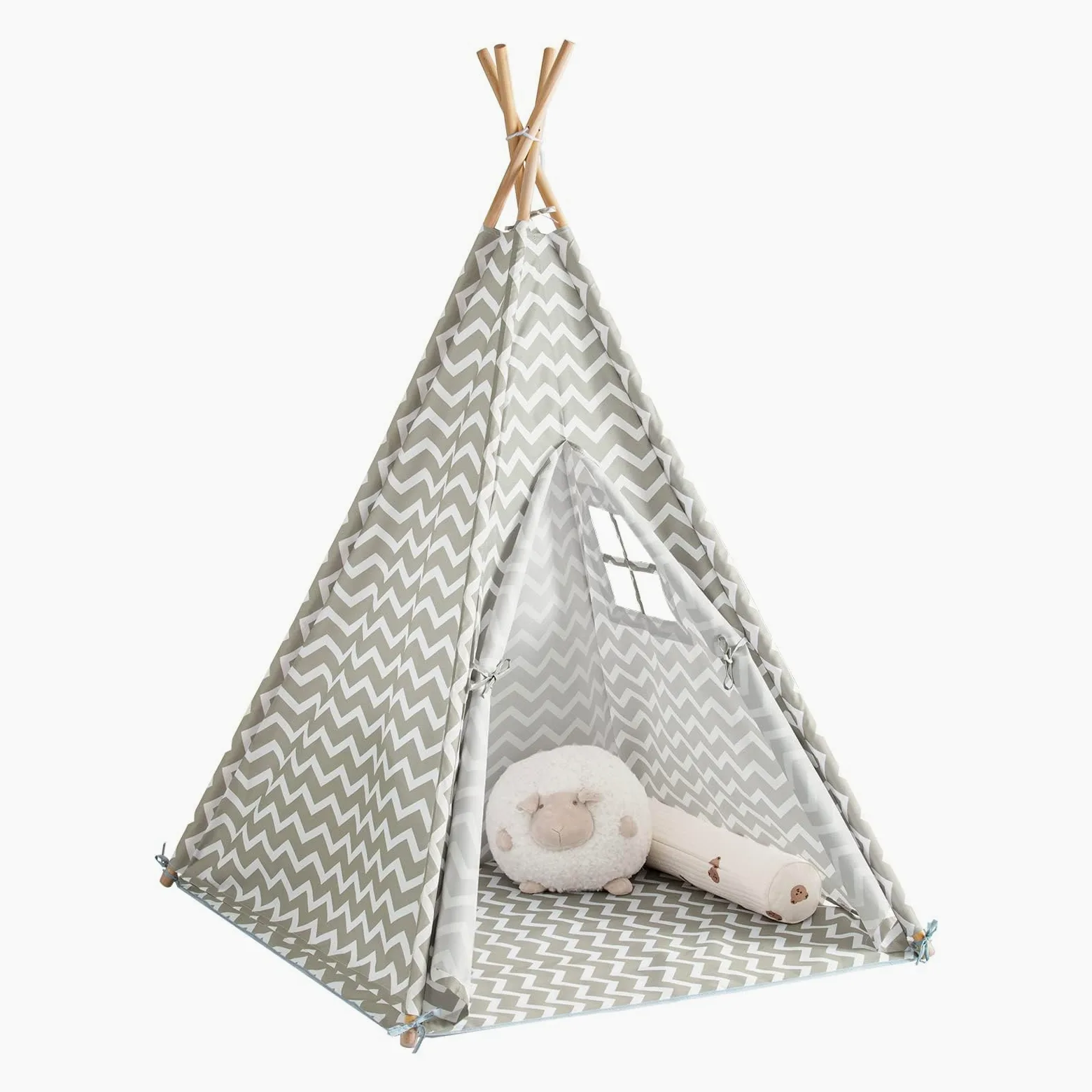 SoBuy Tenda Tipi Bambini 109x109x165cm Cameretta | casetta gioco con tappetino, finestra e tenda apribile, struttura in pino OSS03