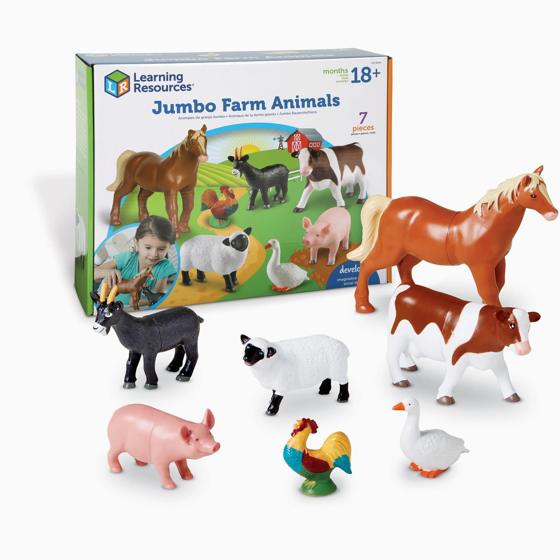 Learning Resources Animali della Fattoria Jumbo, Dai 18 Mesi, Set da 7 Animali in Plastica Resistente, Ideali per Giochi Immaginativi e Attività Montessori