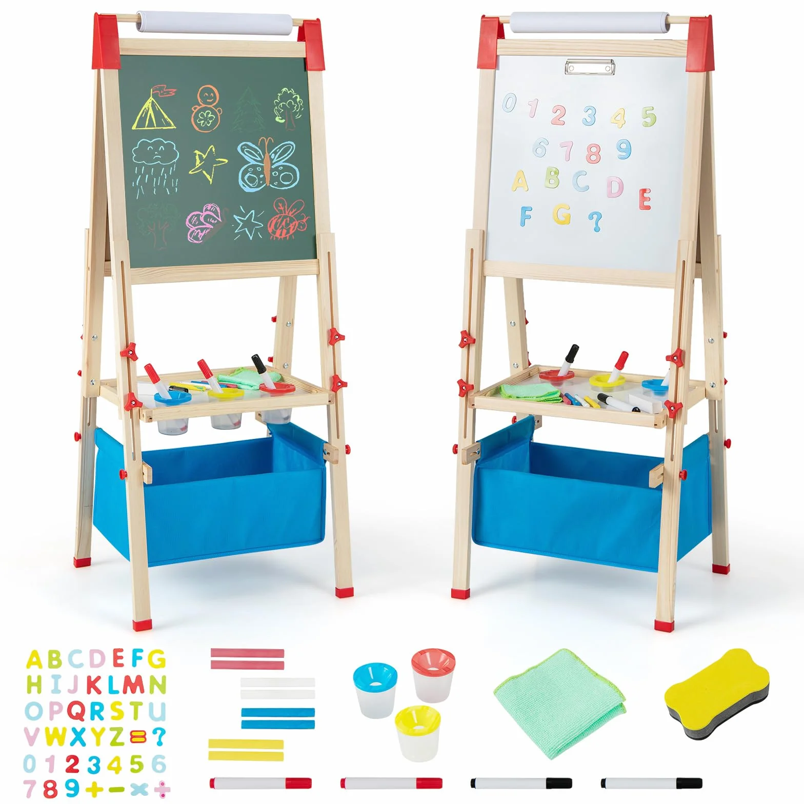 RELAX4LIFE Cavalletto per Bambini Regolabile in Altezza Legno Doppia Faccia Lavagna Magnetica Bianca Rotolo Carta Accessori Pittura