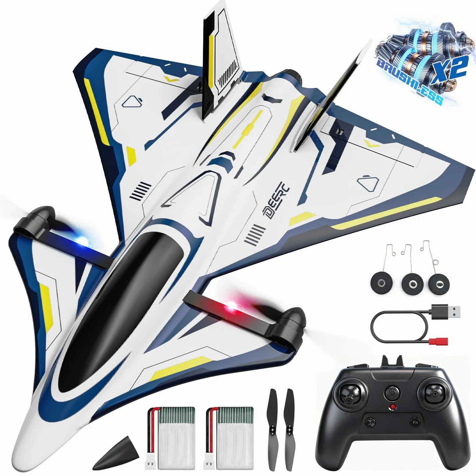 DEERC 4CH Aereo RC brushless Sci-Fi velivolo jet radiocomandato con luci a LED, aliante radiocomandato (RTF), stabilizzatore giroscopio a 6 assi, aliante EPP per adulti ed avanzati