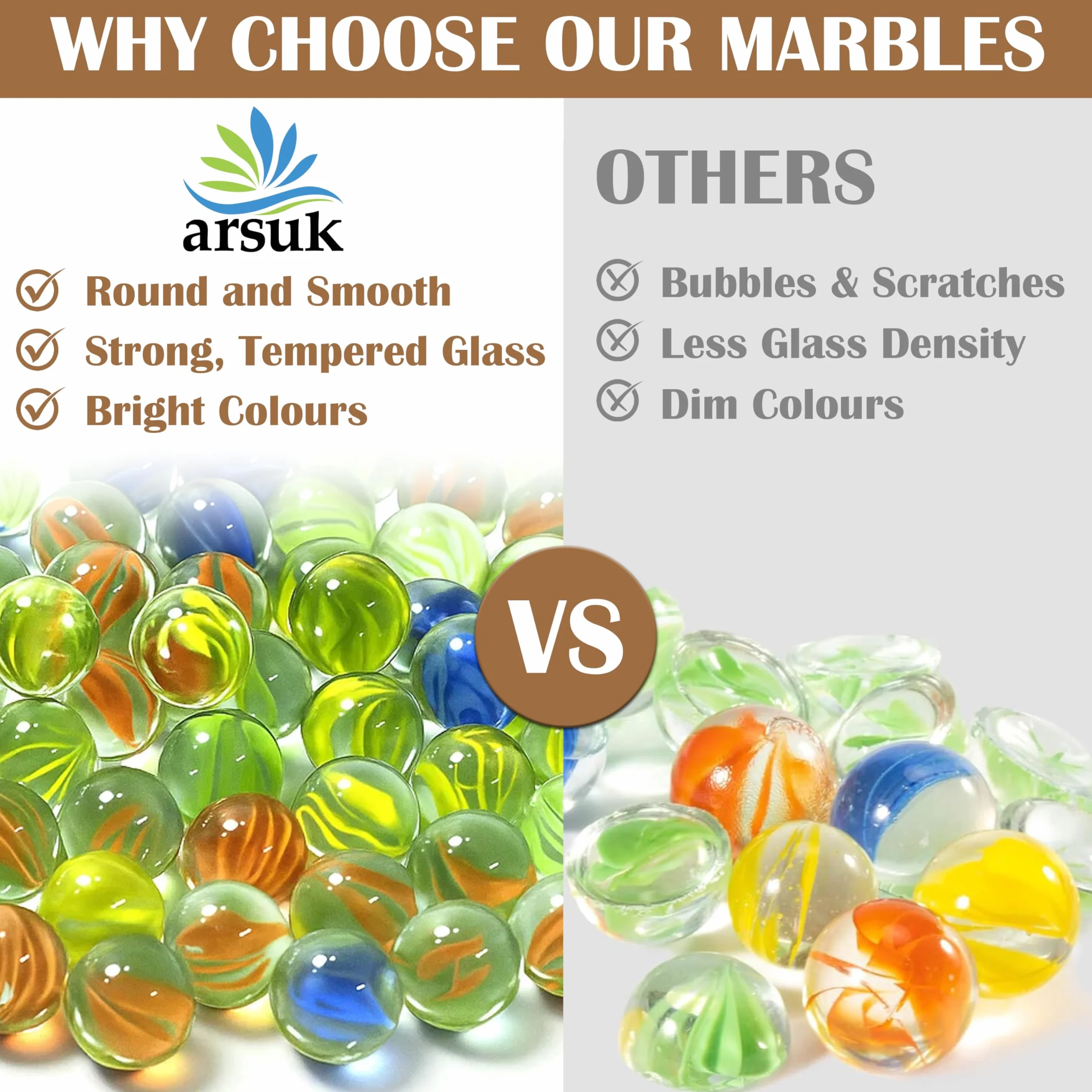 ARSUK Biglie di vetro 16 mm – Biglie decorative colorate per artigianato e giochi (160-170 pezzi Colore Marmo)