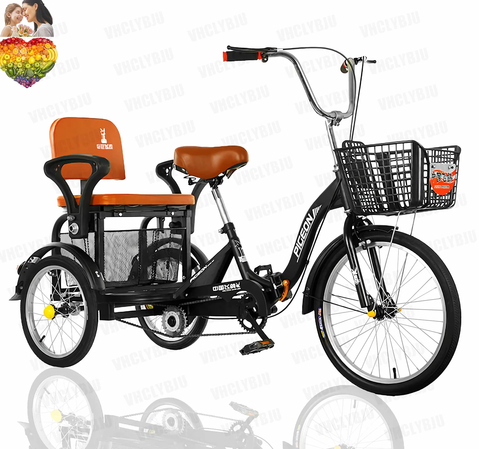 Triciclo per adulti per donna Triciclo pieghevole da 20 pollici con sedile posteriore + cesto allargato per due persone per viaggiare triciclo carico massimo 390 libbre (BLACK)