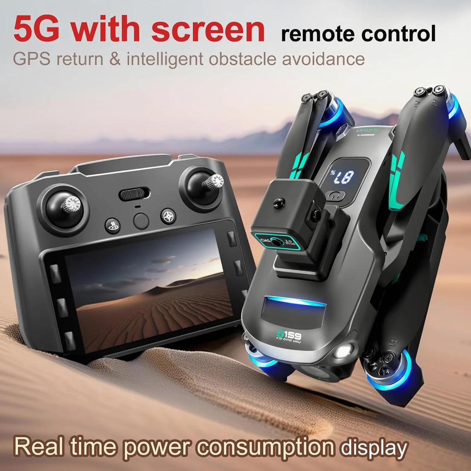 Generico Drone con Doppia Telecamera 4K HD per Adulti, quadricottero RC Professionale, brushless con Luce LED e Telecomando Tramite App, per Principianti (2 batterie)