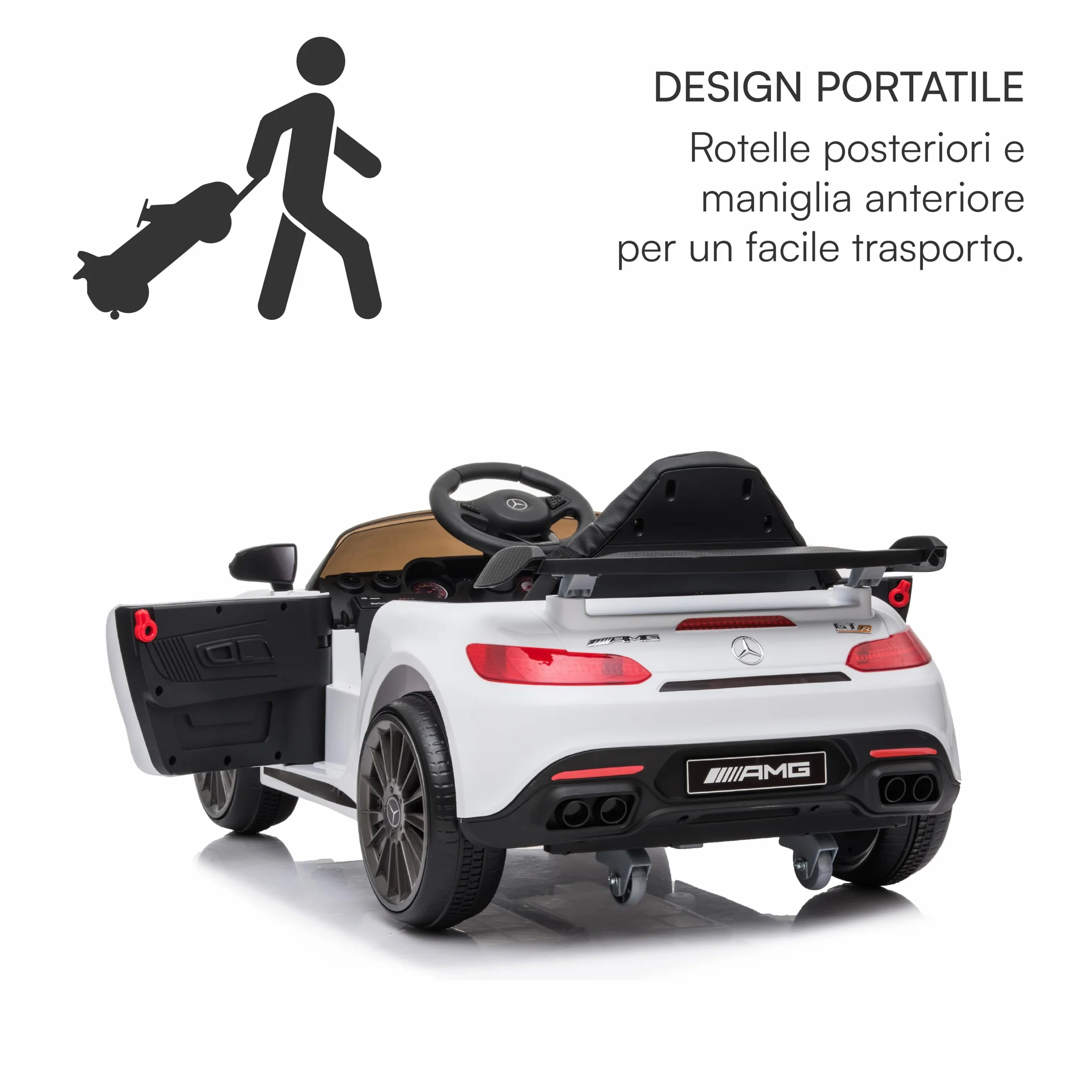 Baroni Toys Mercedes AMG Sport Macchina Elettrica Bambini 12V Porte Apribili Carico 25 Kg 1-4 anni Bianco