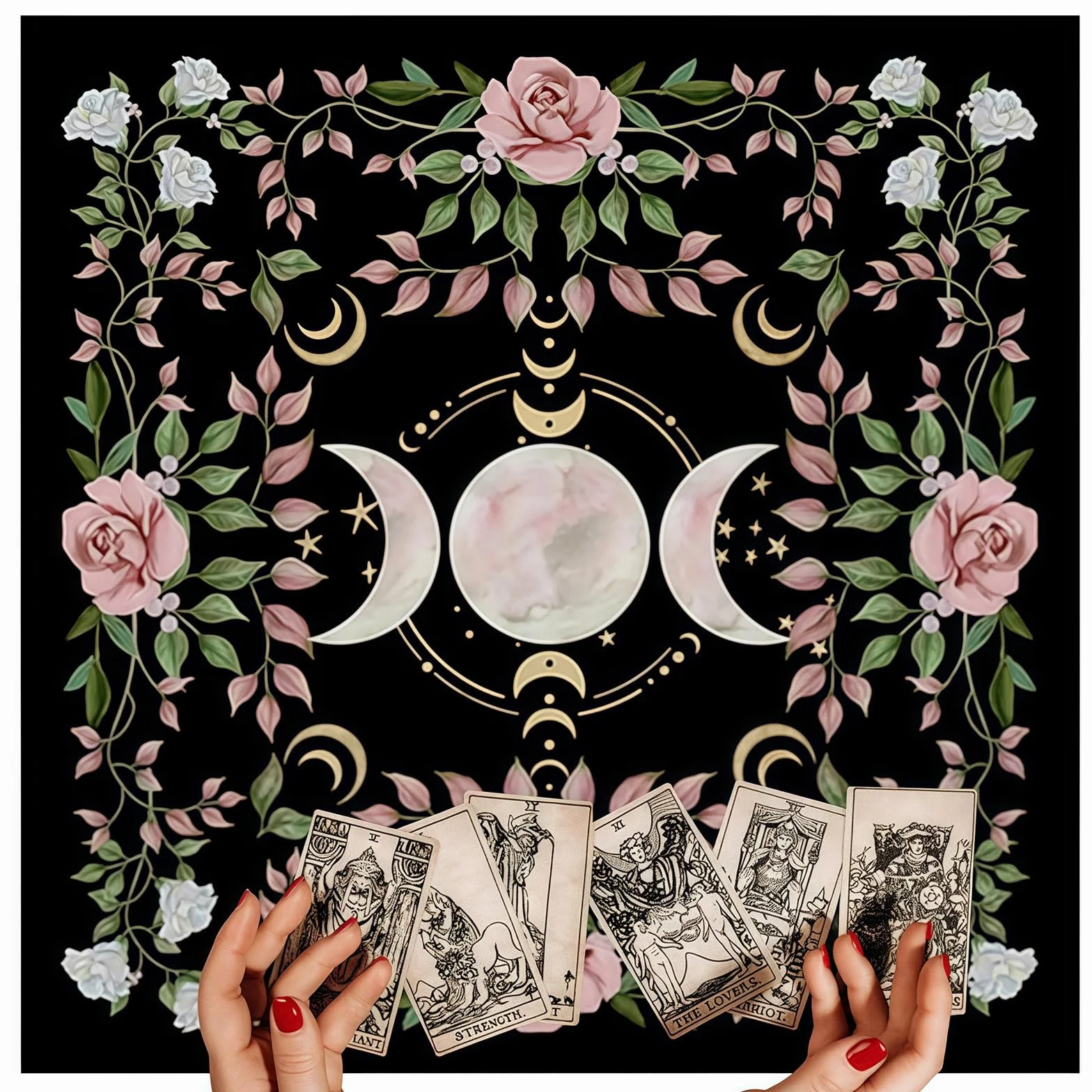 Tappeto Divinatorio per Tarocchi 75x75 cm Tovaglia da Altare Esoterico con Fiori e Fasi Lunari