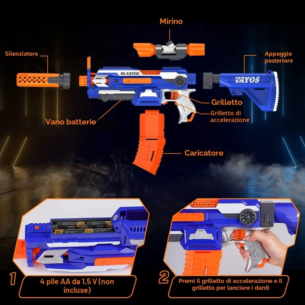 VATOS Pistola Elettrica Schiuma con 100 Dardi, Fucile Sniper Automatico 7 Stili DIY + Mirino, Giochi di Tiro 9-15m per Bambini 6-12 Anni & Adulti