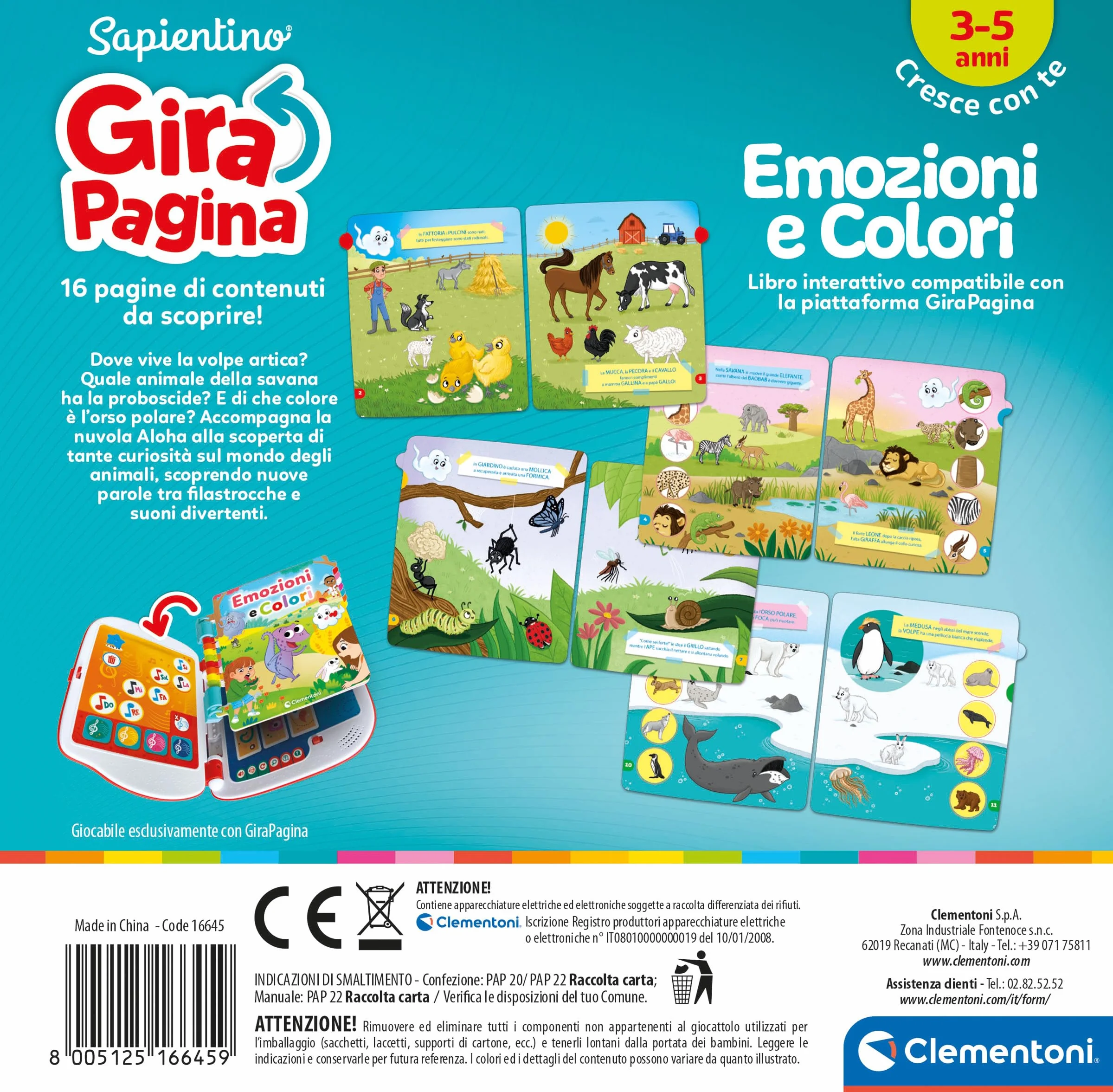 Clementoni Sapientino - Girapagina Emozioni e Colori, Gioco Educativo Bambini 3-5 Anni, Libro Interattivo per Imparare a Leggere e Scoprire Le Emozioni, Lingua Italiana, 16645