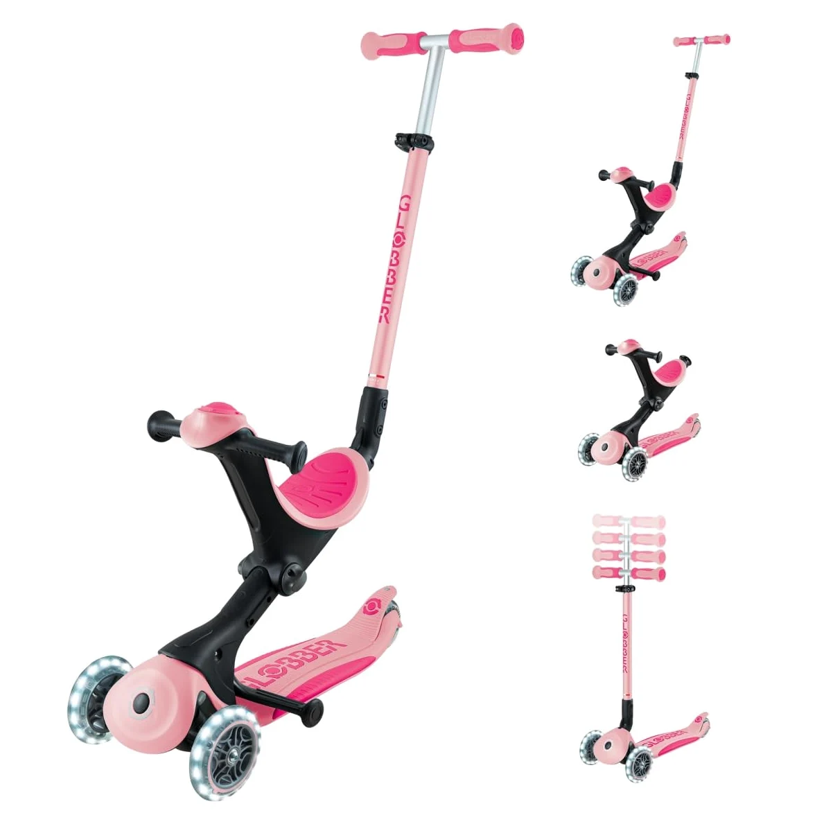 Globber - GO UP Deluxe Lights - Monopattino a 3 ruote con seduta, per bambini dai 15 mesi ai 6 anni, rosa