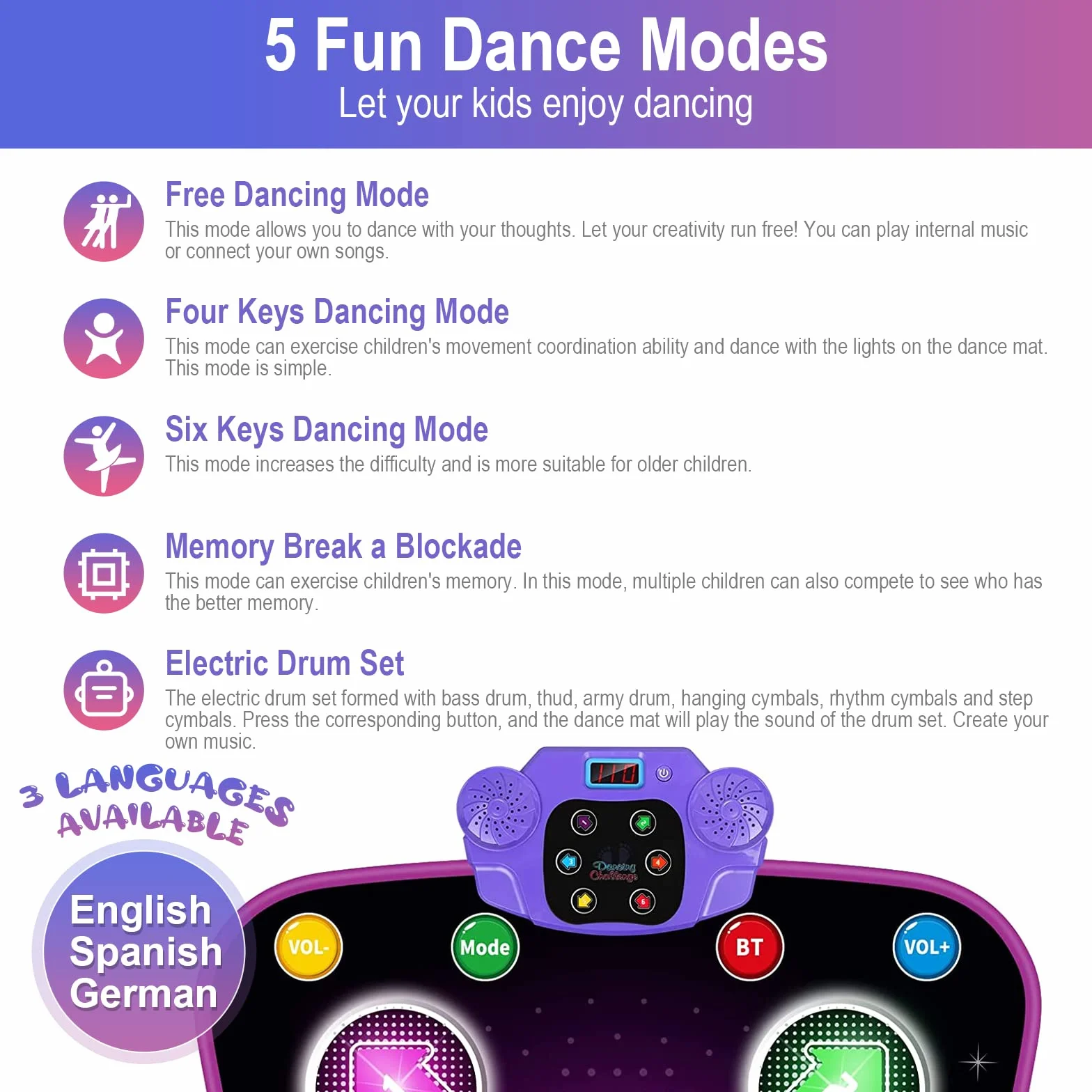 Tappetino da Ballo LED Bluetooth Bambini 3-12 Anni Viola