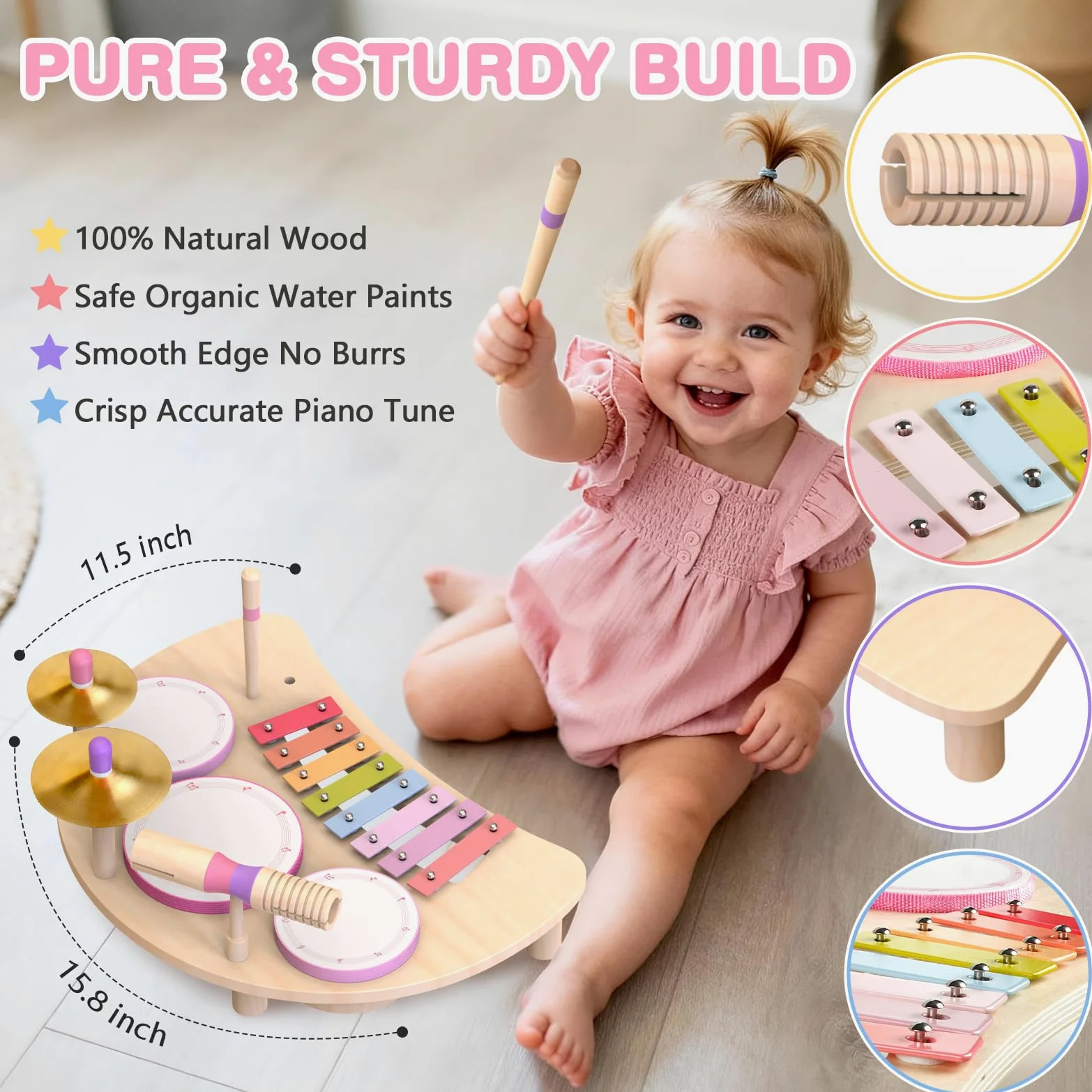 Montessori, set di tamburi in legno, strumenti musicali per bambini, set di batterie in legno con xilofono, giocattolo musicale per bambini in età prescolare, regalo di compleanno educativo per