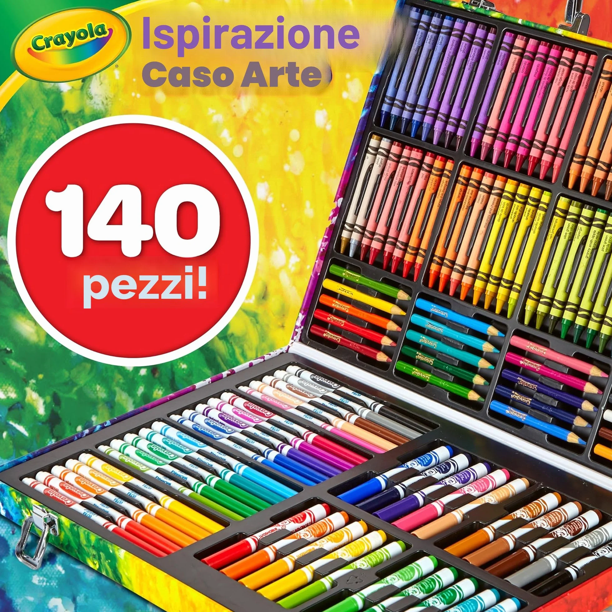 CRAYOLA Valigetta Colori Arcobaleno 140 Pezzi Kit Creativo Pennarelli Matite Colorate Pastelli a cera 5-10 Anni