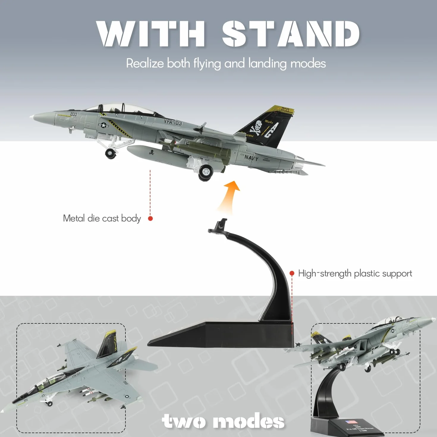 1/100 Scala F/A-18 Super Hornet Fighter Jet Modello US Navy Attack Aircraft VFA 103 Jolly Rogers Miniature Metal Diecast Airplane Model Kit con Stand per Adulti Collezione o Regalo