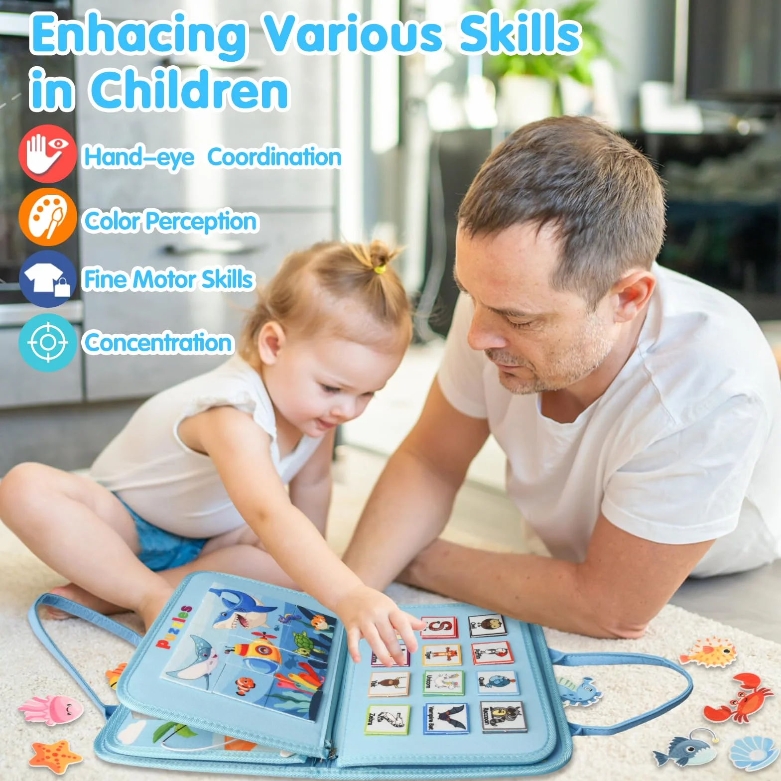 Busy Board per Bambini, Giochi Montessori 1-4 Anni, Giocattoli Educativi Sensoriali con Puzzle, Parole, Date, Orologi, Giochi di Pesca, Pulsante Sonoro, Cerniere e Fibbie