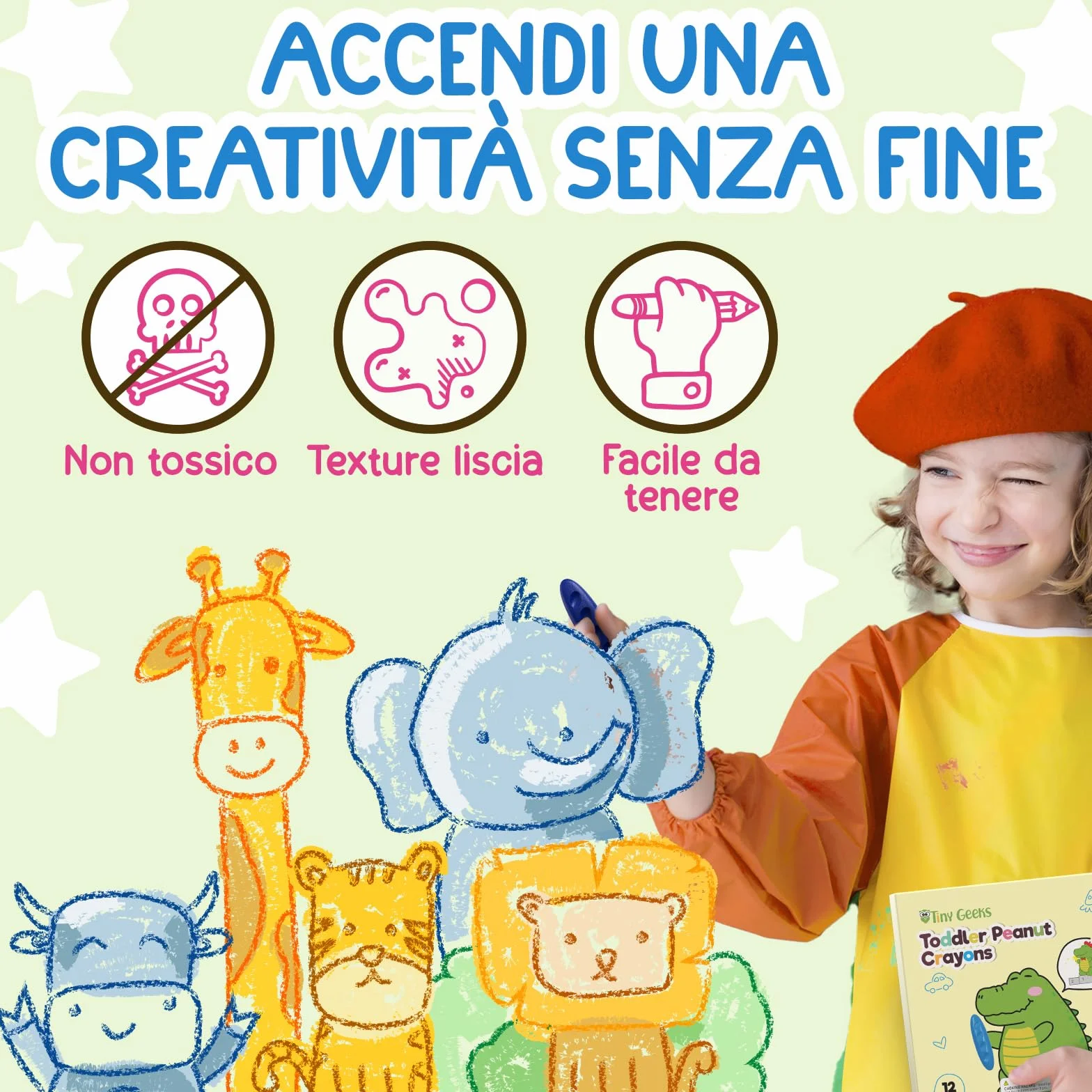 12 Pastelli Bambini 2 Anni + Forma Ergonomica Arachidi + Crayon per Bambini 1-3 Anni | Colori che non sporcano | Pastello a Razzo e Facili da Impugnare | Pastelli a cera