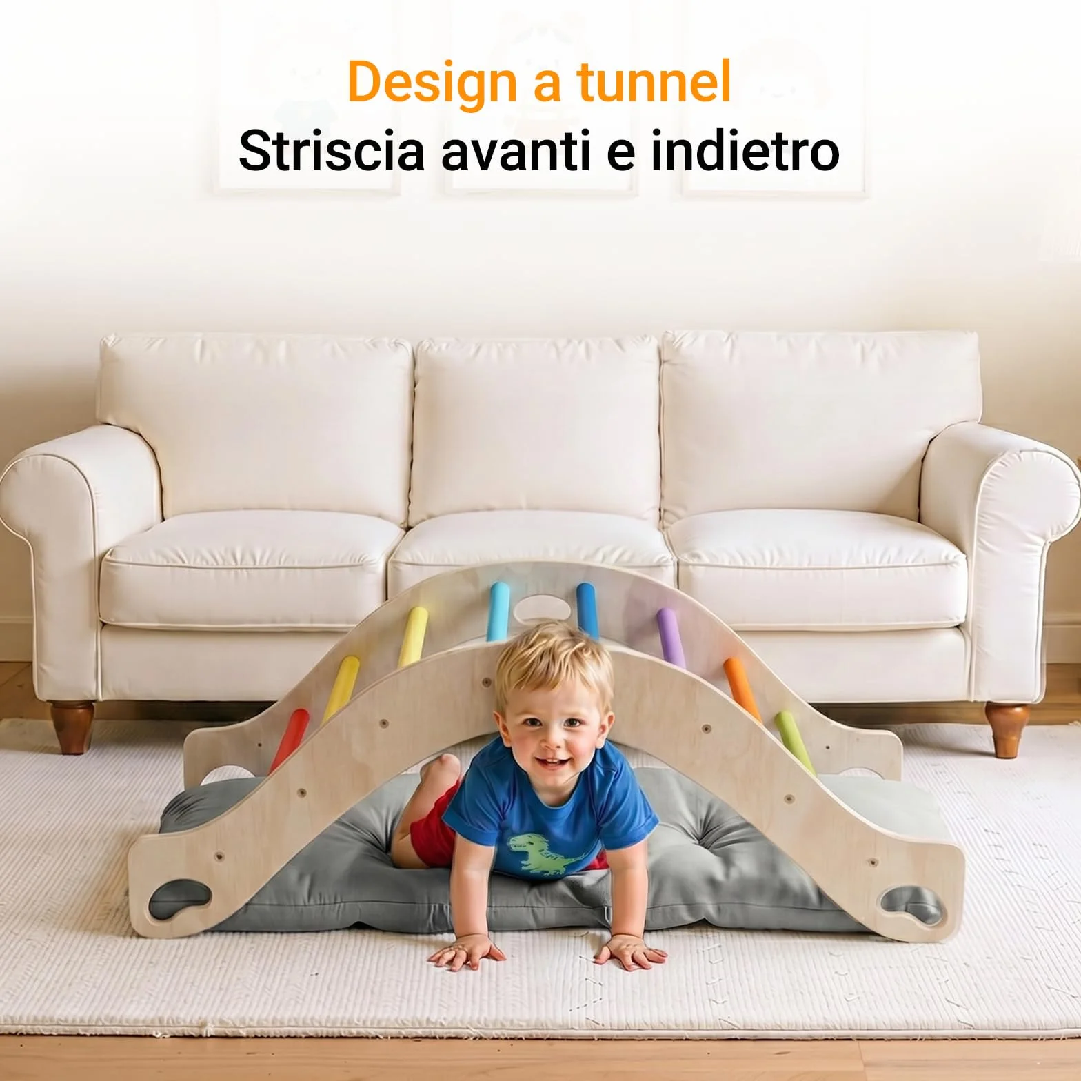 COSYLAND Arco Montessoriano per Bambini in Legno Naturale, Arco Montessori con Cuscino e 8 Maniglie, 4 in 1 Wippe, Scrivania, Giocattolo Educativo per Equilibrio e Motricità (Arcobaleno Classico)