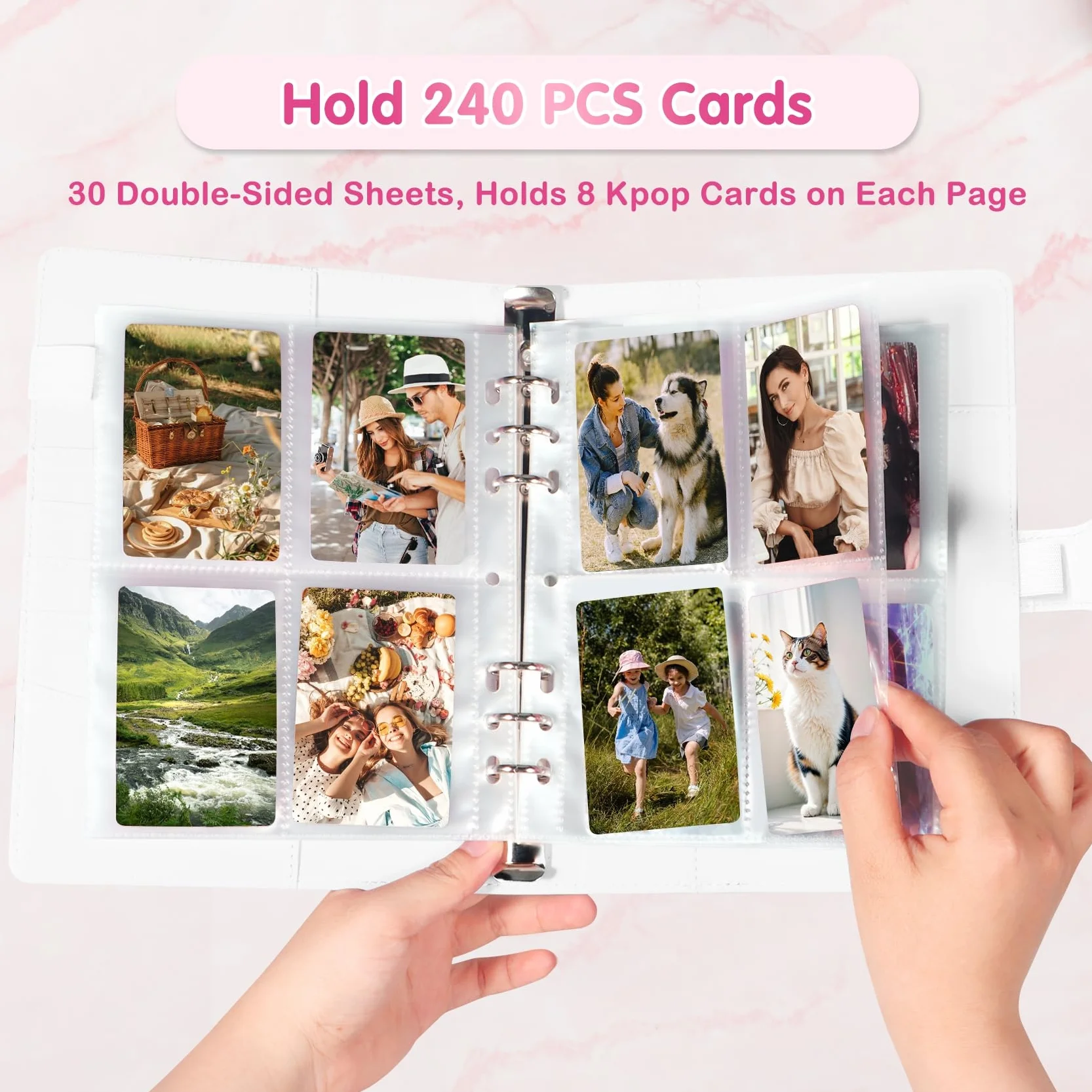 Raccoglitore di Carte A5 con 30 Pacchetti di Pagine di Carte a 4 Taschee, Album Raccoglitore a 6 Anelli con 240 Slot per Carte (Bianco)