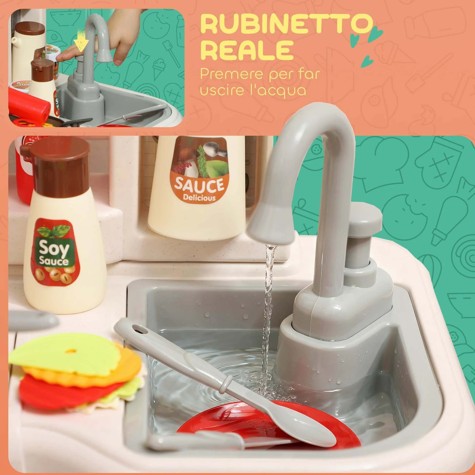 AIYAPLAY Cucina Giocattolo per Bambini 3-6 Anni, 44.5x24x79 cm Verde | 92 Accessori, Suoni Realistici, Gioco per Bambini, in PP, PE e ABS