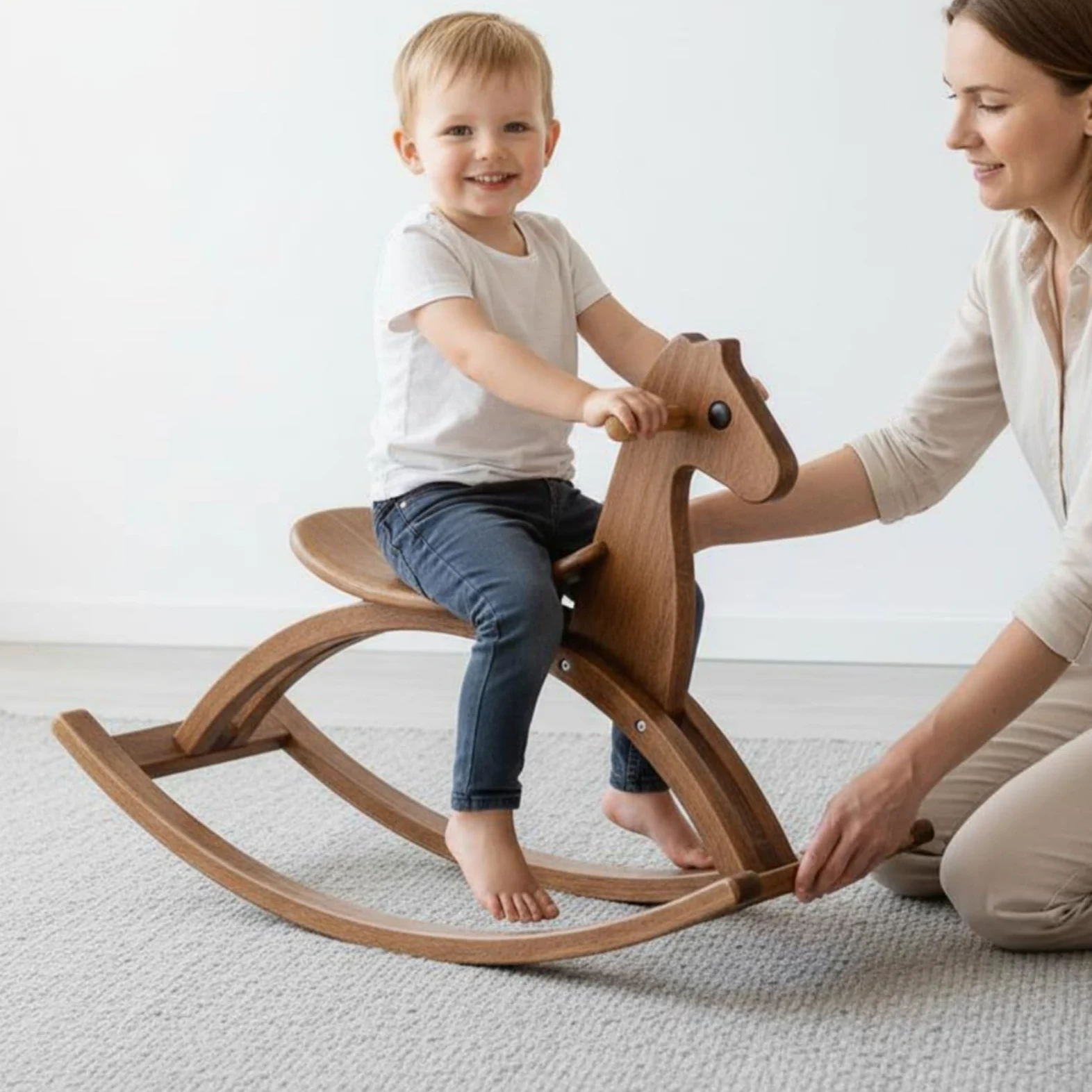 Sedia a Dondolo per Bambini Giocattolo a Dondolo Cavalluccio in Legno Seggiolina Dondolante Poltroncina Dondolante con Design Curvo Minimal E Venature, color to 1