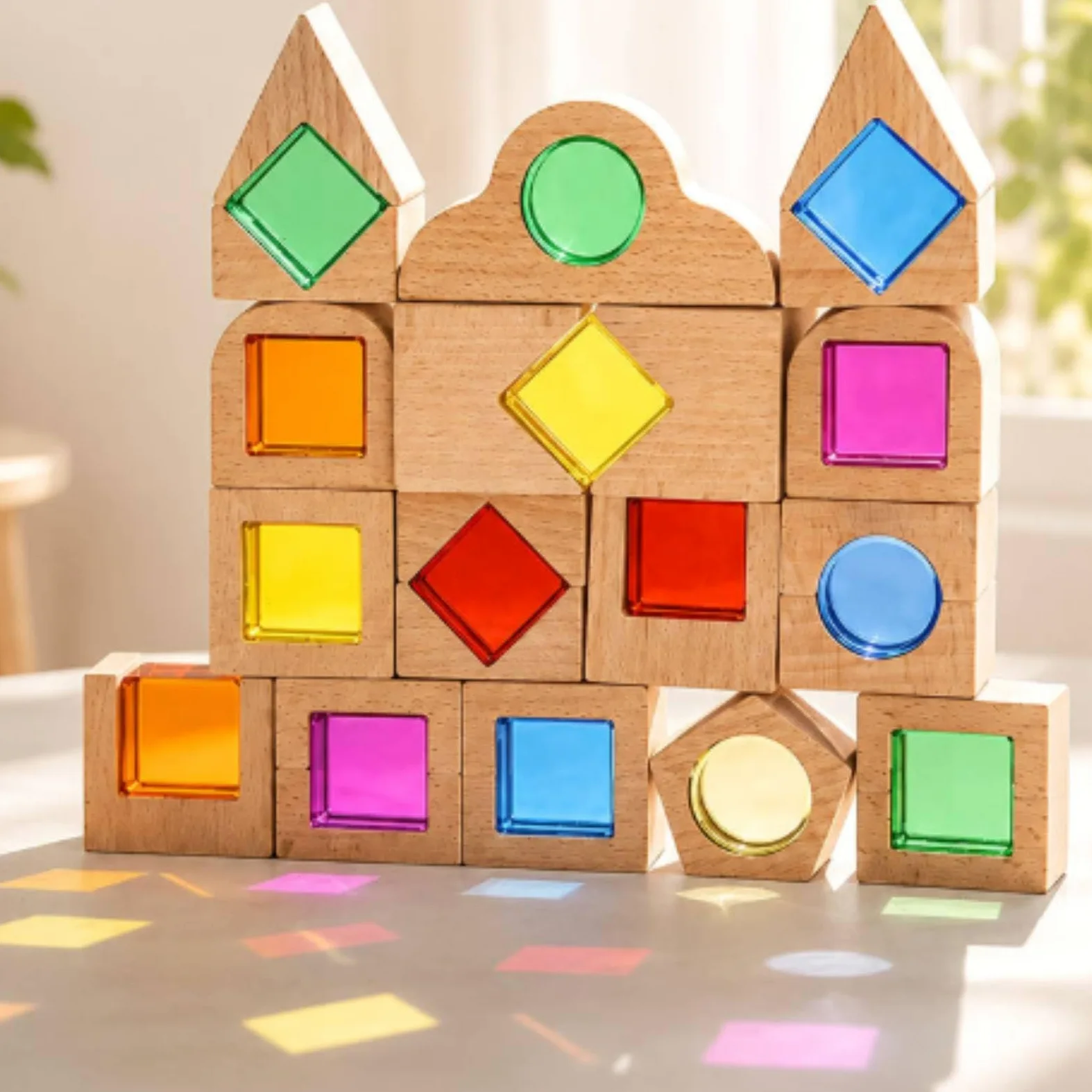 Blocchi da Costruzione Bambini Set Gioco Educativo Creativo Sensoriale Mattoncini Geometrici Pezzi Impilabili Inserti Colorati Legno Faggio E Acrilico