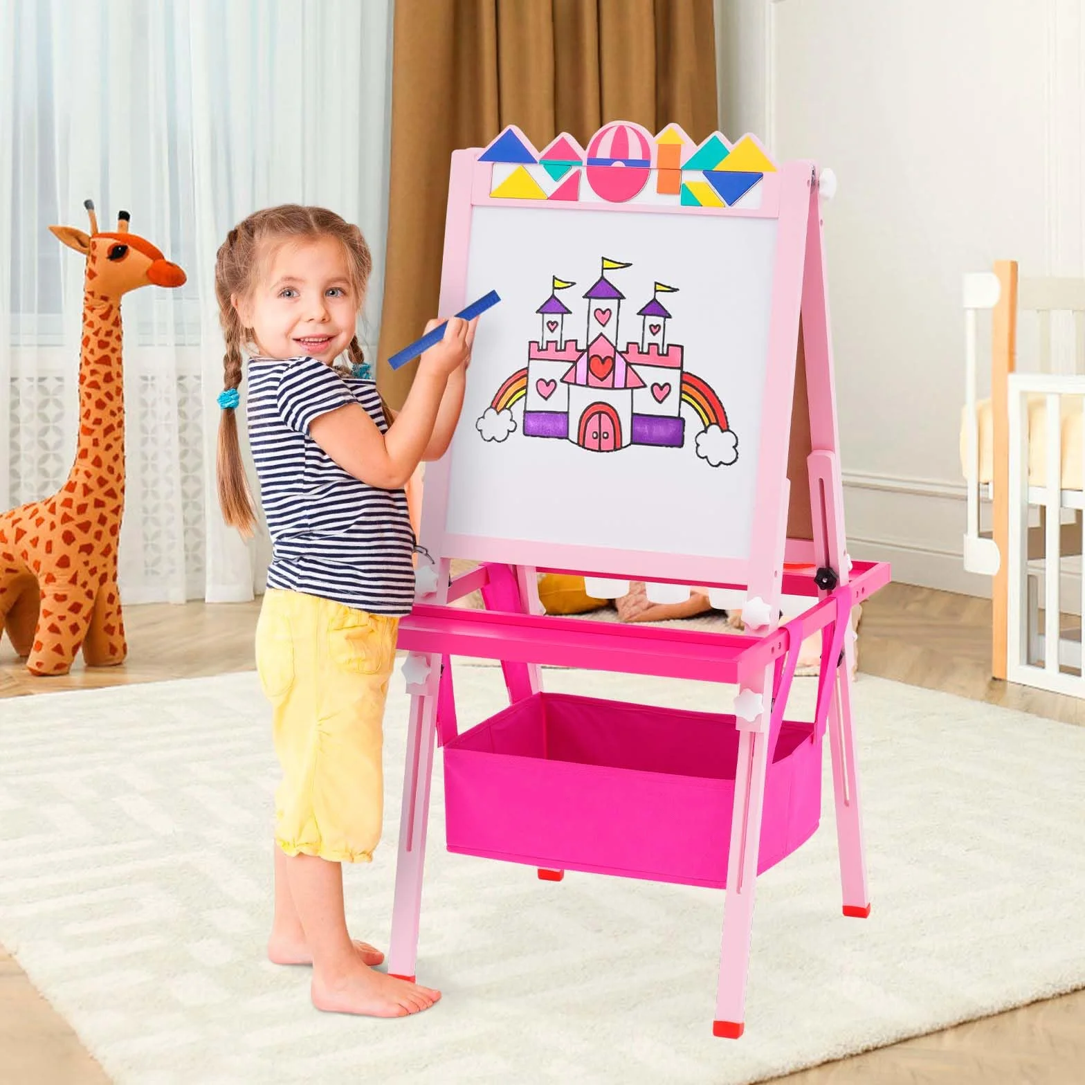 Lavagna Multiattività per Bambini a Doppia Faccia con Cavalletto Regolabile e Accessori