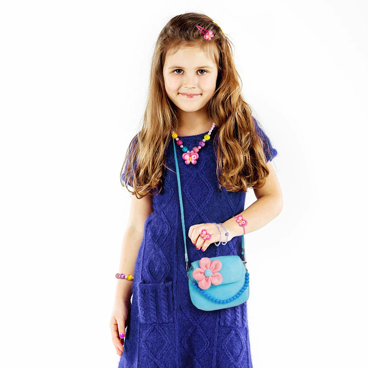 Comius Sharp Girls Princess Borse, Gioielleria per Bambini, Peluche Collana Bracciale Anello Orecchini Set, Borsetta Principessa Blue