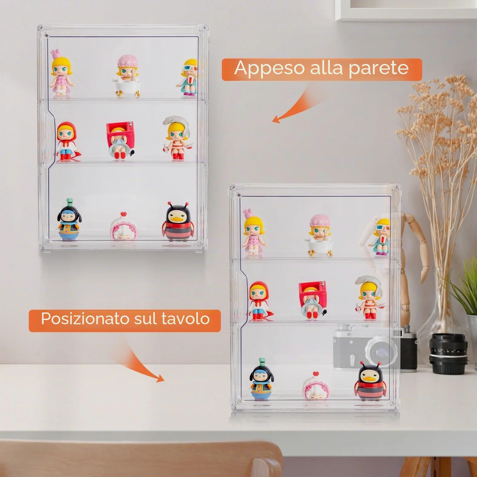 BOHOIDEE Vetrina trasparente a 3 livelli per figure, scatola organizer in acrilico con porta magnetica, vetrina antipolvere a parete per action figure da collezione