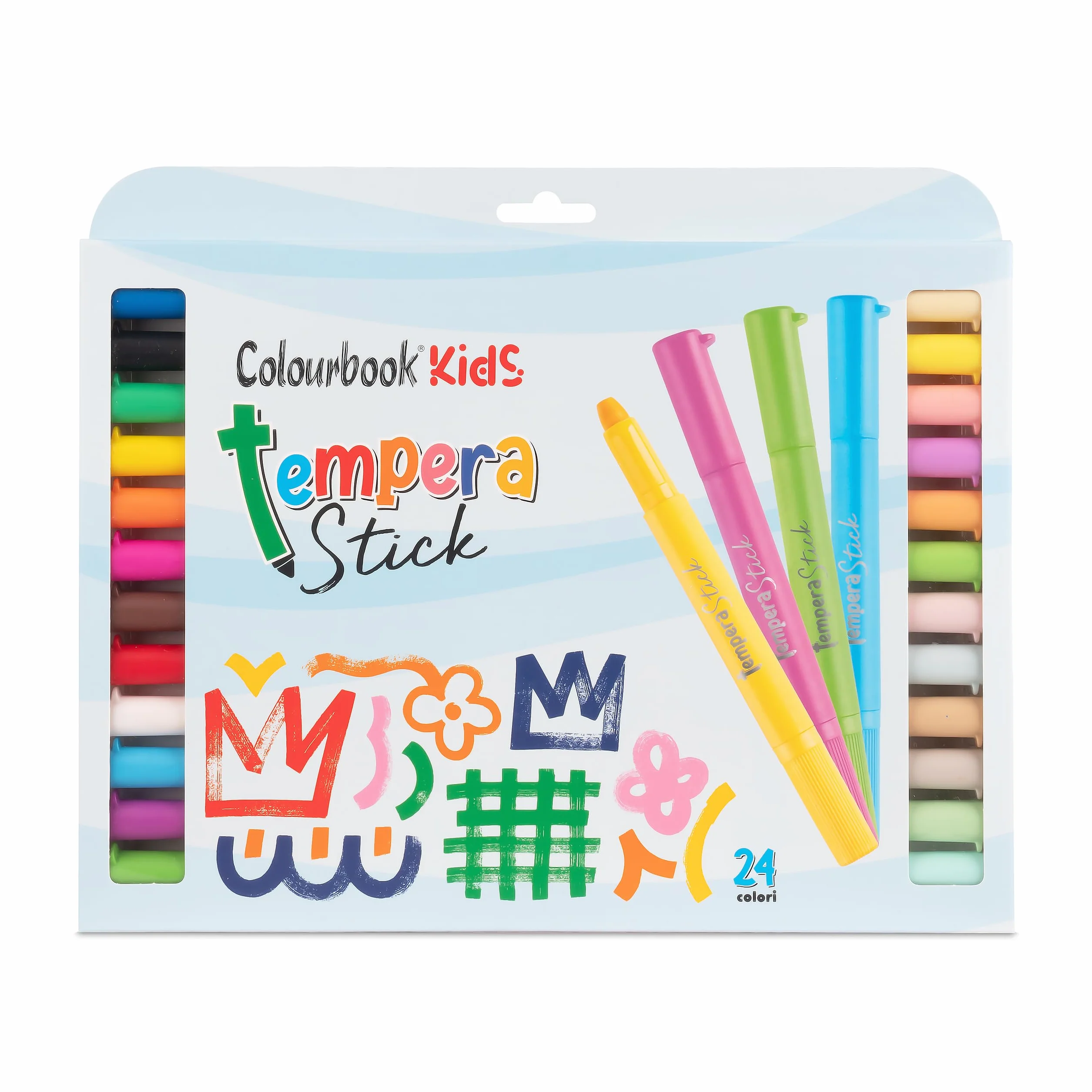 Colourbook Kids Set 24 Tempera Stick - Tempere Solide Lavabili per Bambini, Colori Vivaci Alta Coprenza, Asciugatura Rapida, Senza Solventi, Effetto Cera e Tempera