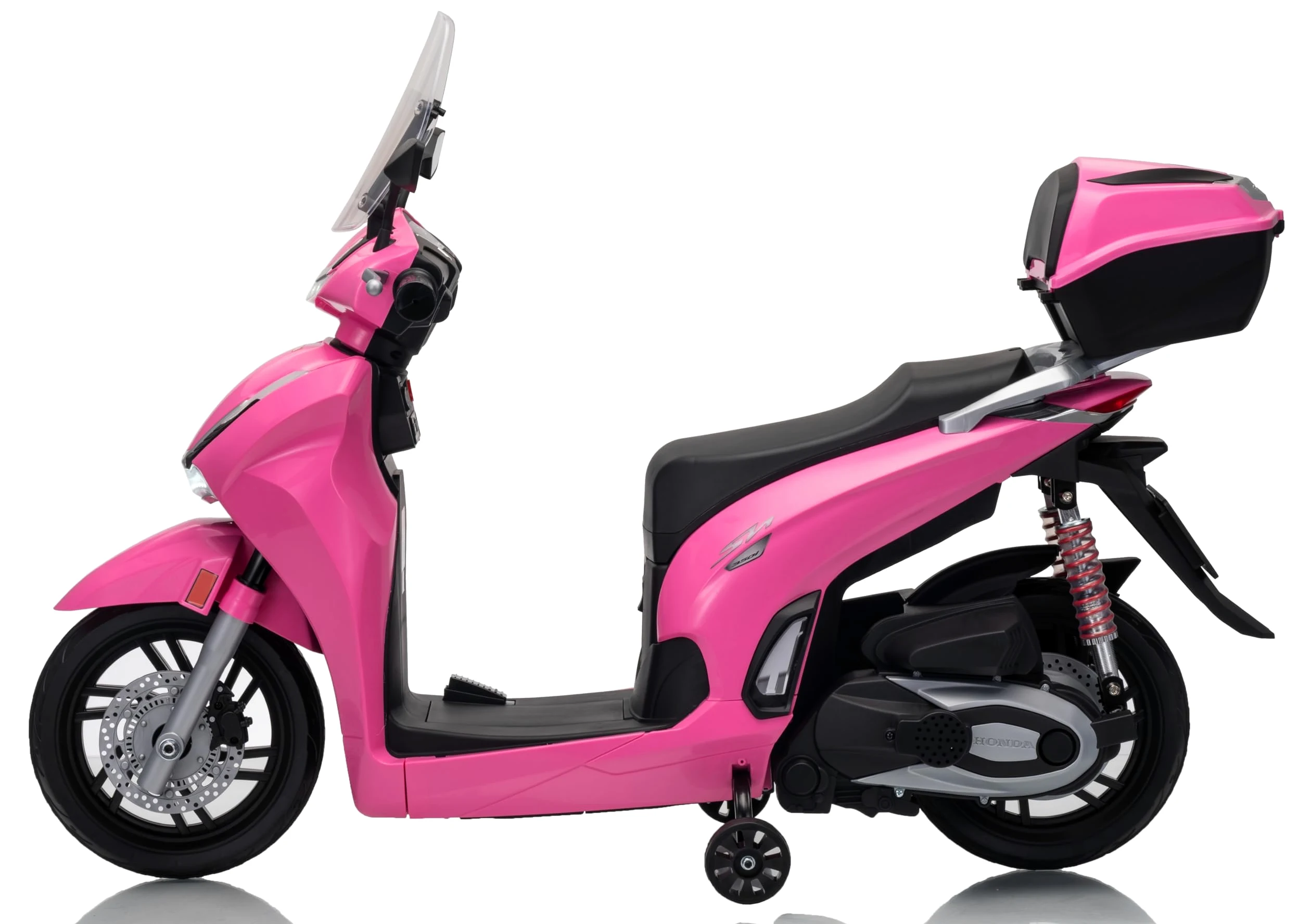 Honda SH 350 12V Moto Elettrica per Bambini con Licenza Ufficiale, Scooter Elettrico con Ruote in Gomma, Sedile in Pelle, Bauletto, Rotelle Stabilizzatrici, Luci LED e Suoni, MP3 Rosa
