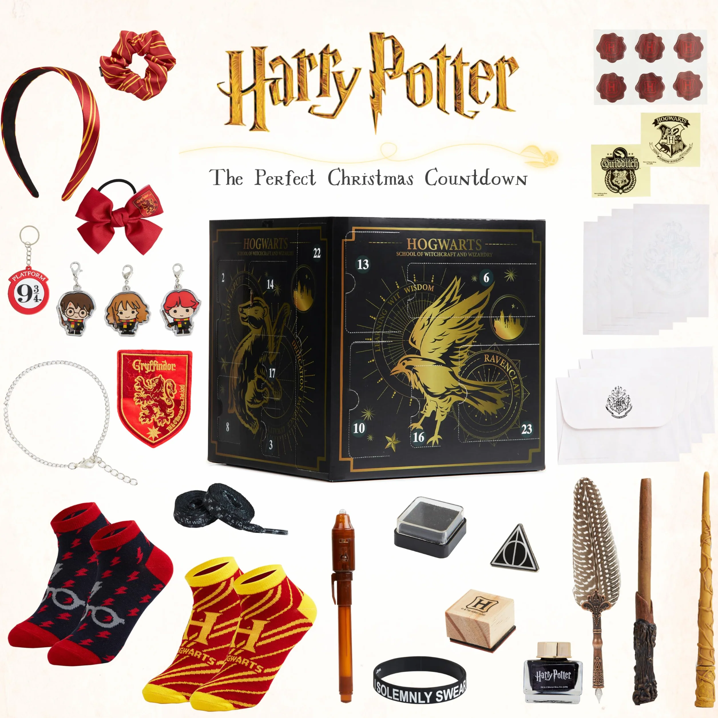 Harry Potter Calendario Avvento 2025, Hogwarts Cancelleria Accessori Capelli, Countdown Natale Calendari Avvento, Penne Calzini Gioielli Ciondoli (Cubo Nero)