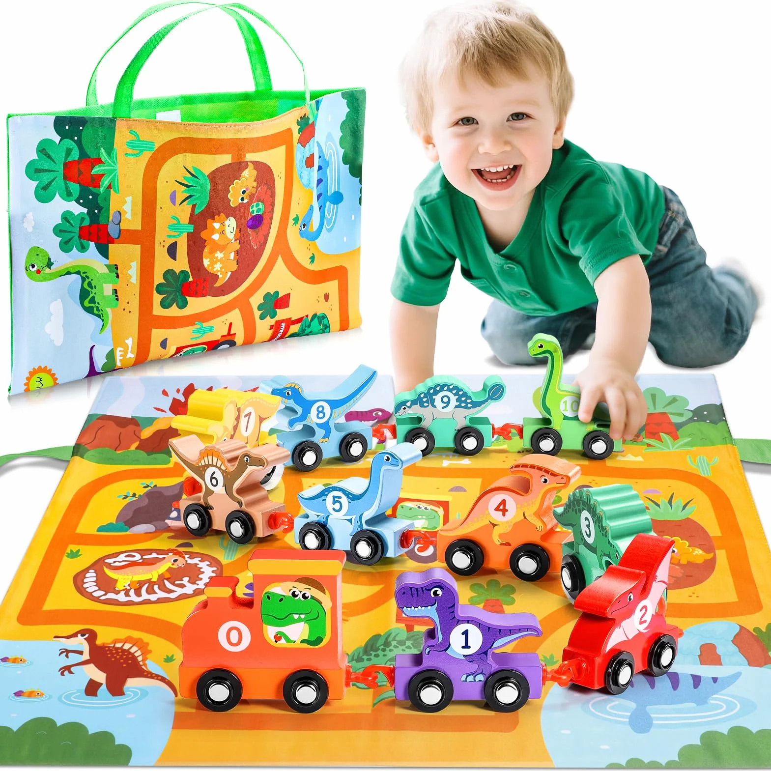 Anginne Giochi Bambini 1 2 3 Anni, Trenino di Legno Dinosauri, con Tappetino per Riporre i Giochi, Regalo Bambino 1 Anno Maschio Gioco Bambino 1-4 Anni - Giocattoli Dinosauri per Bambini