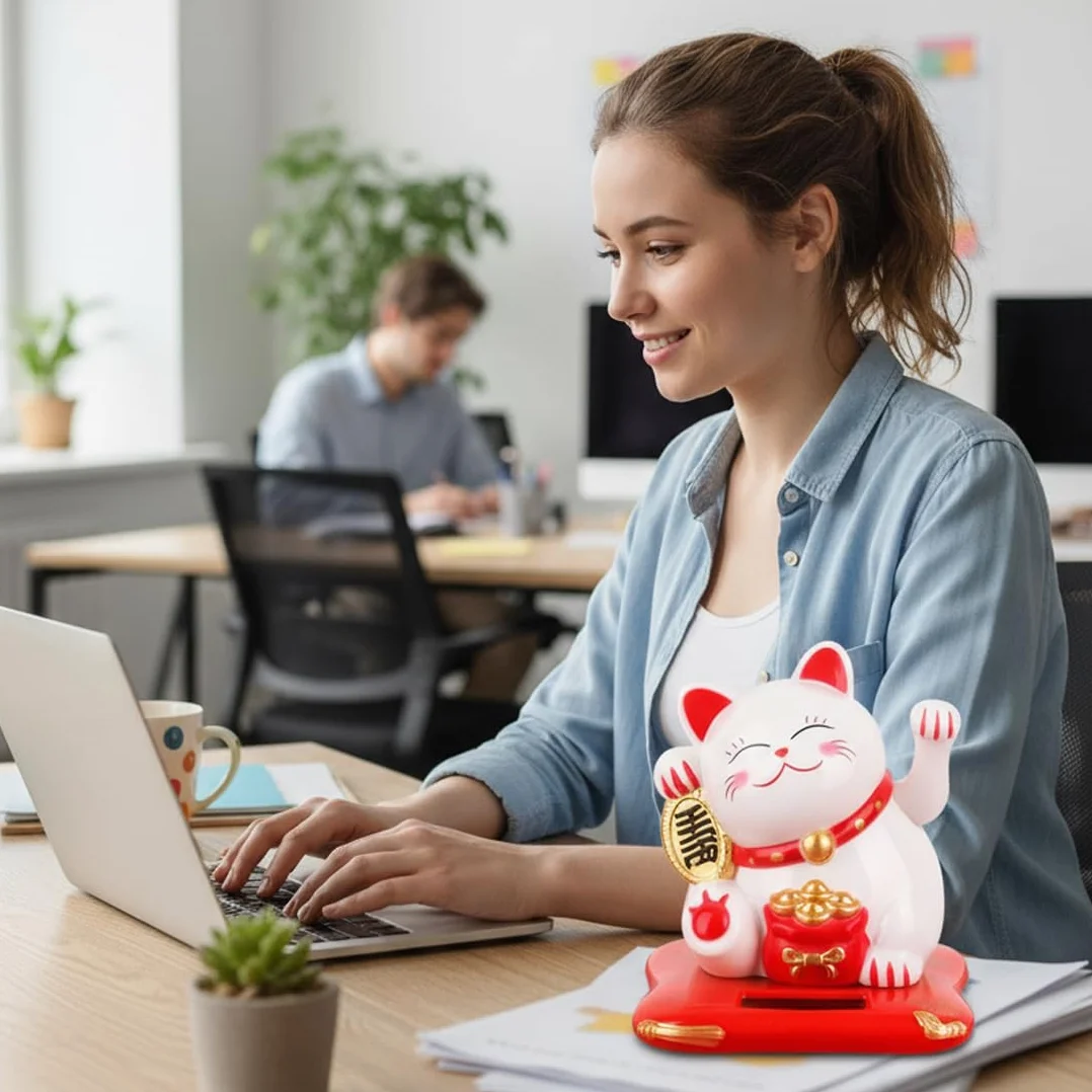 Maneki Neko Lucky Cat Gatto Cinese Portafortuna ad Energia Solare Bianco