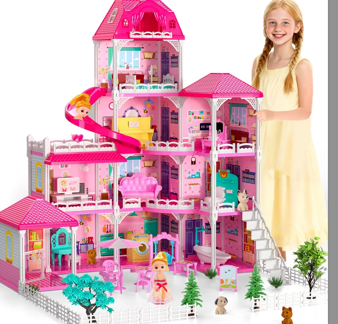 Doloowee Casa delle Bambole Grande con Scivolo per Bambine 3 4 5 Anni | Casa delle bambole a 4 piani e 10 stanze, di mobili e una ricca serie di accessori, regalo per bambine di 3, 4, 5 e 6 anni